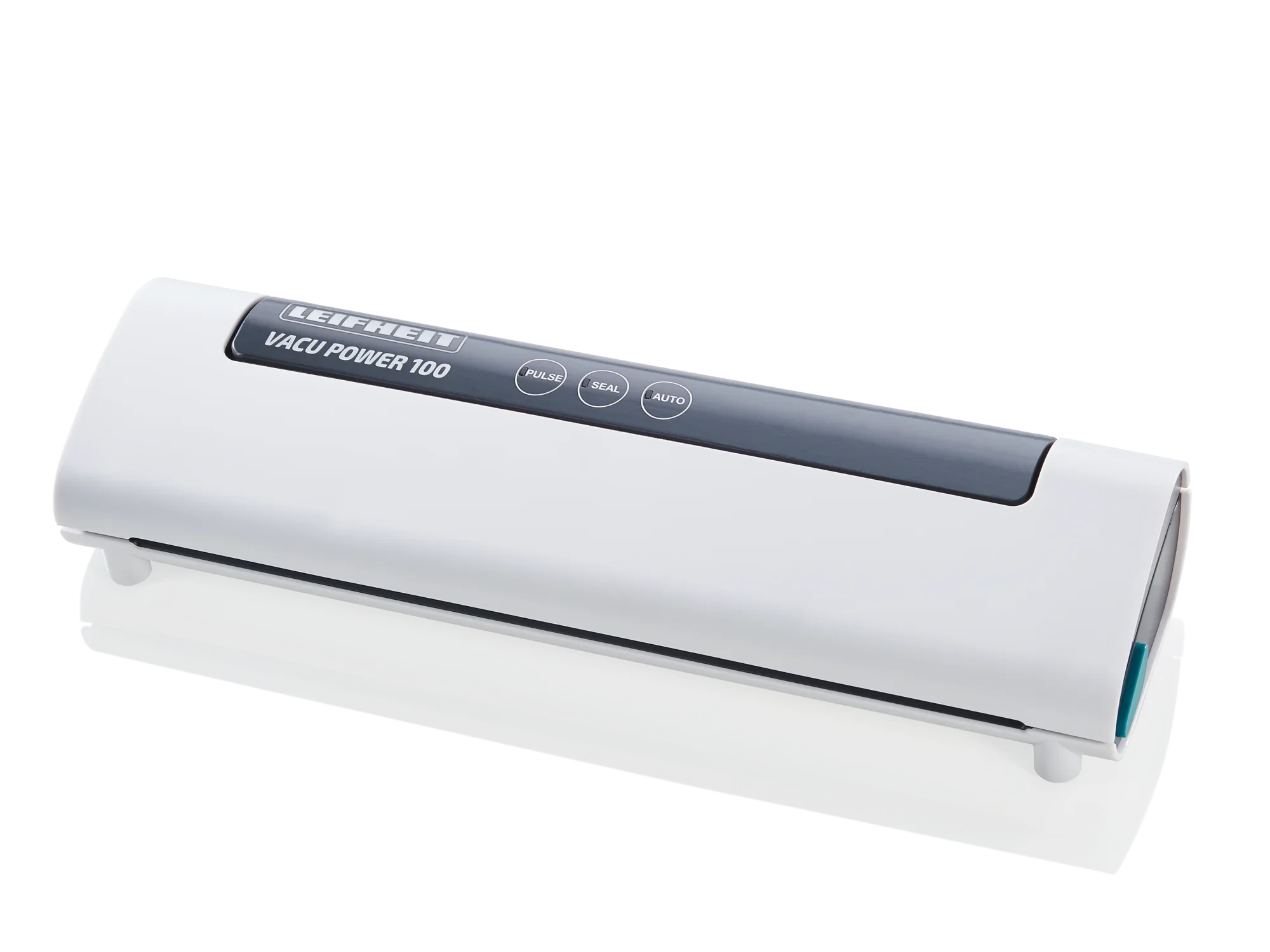 Appareil de mise sous vide Vacu Power 100 en blanc avec panneau de commande noir. Design compact, idéal pour sceller hermétiquement les aliments. Parfait pour la cuisine.