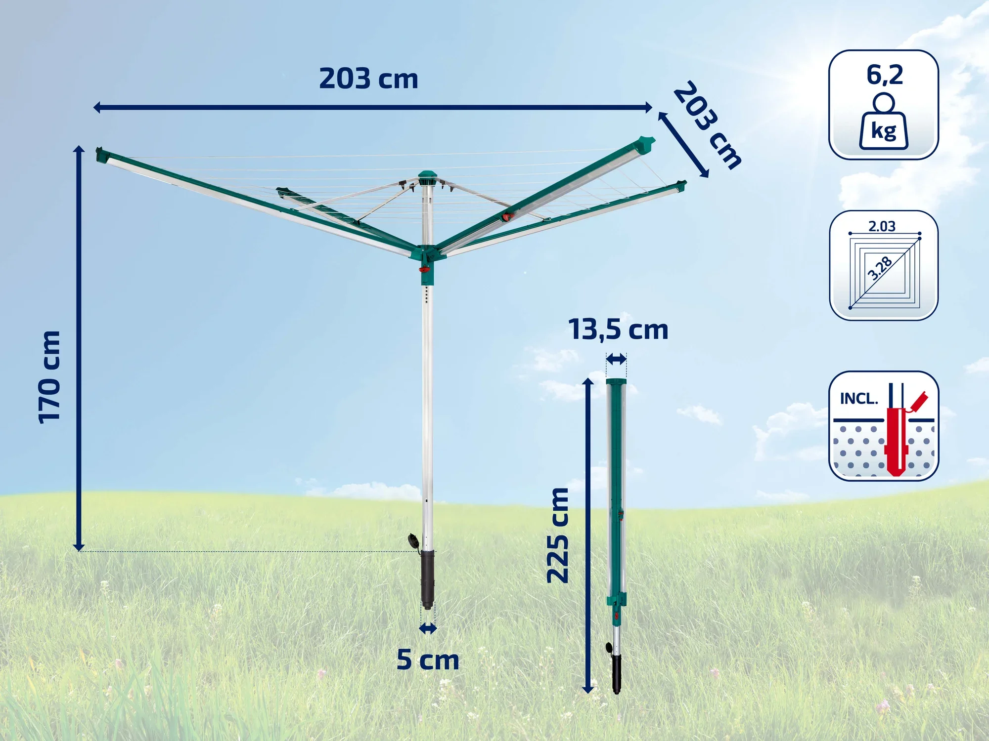 Wäschespinne mit einer Spannweite von 203 cm und einer Höhe von 170 cm. Das Modell wiegt 6,2 kg und ist inklusive Bodenhülse. Ideal für große Mengen Wäsche im Freien.