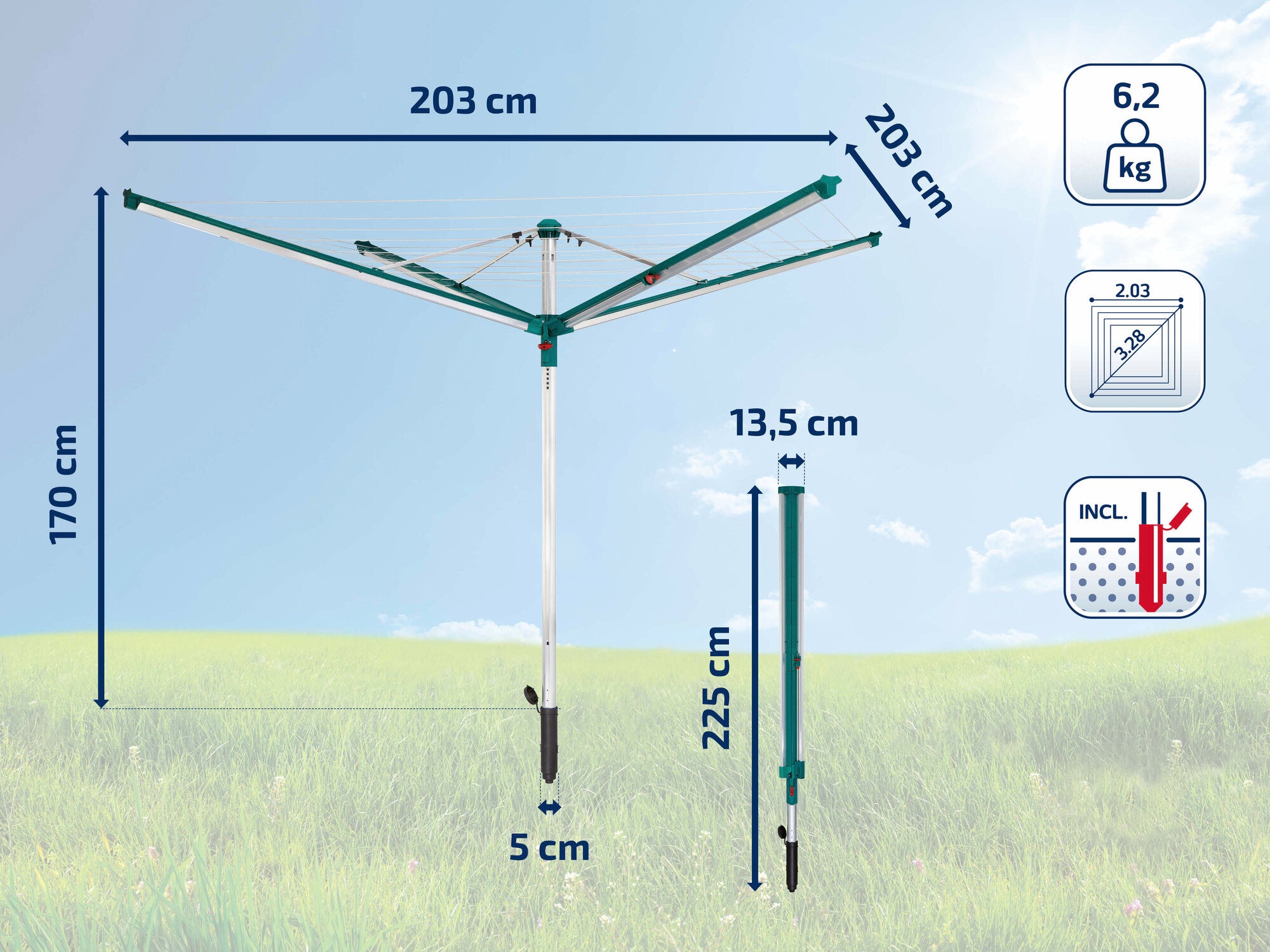 Wäschespinne mit einer Spannweite von 203 cm und einer Höhe von 170 cm. Das Modell wiegt 6,2 kg und ist inklusive Bodenhülse. Ideal für große Mengen Wäsche im Freien.