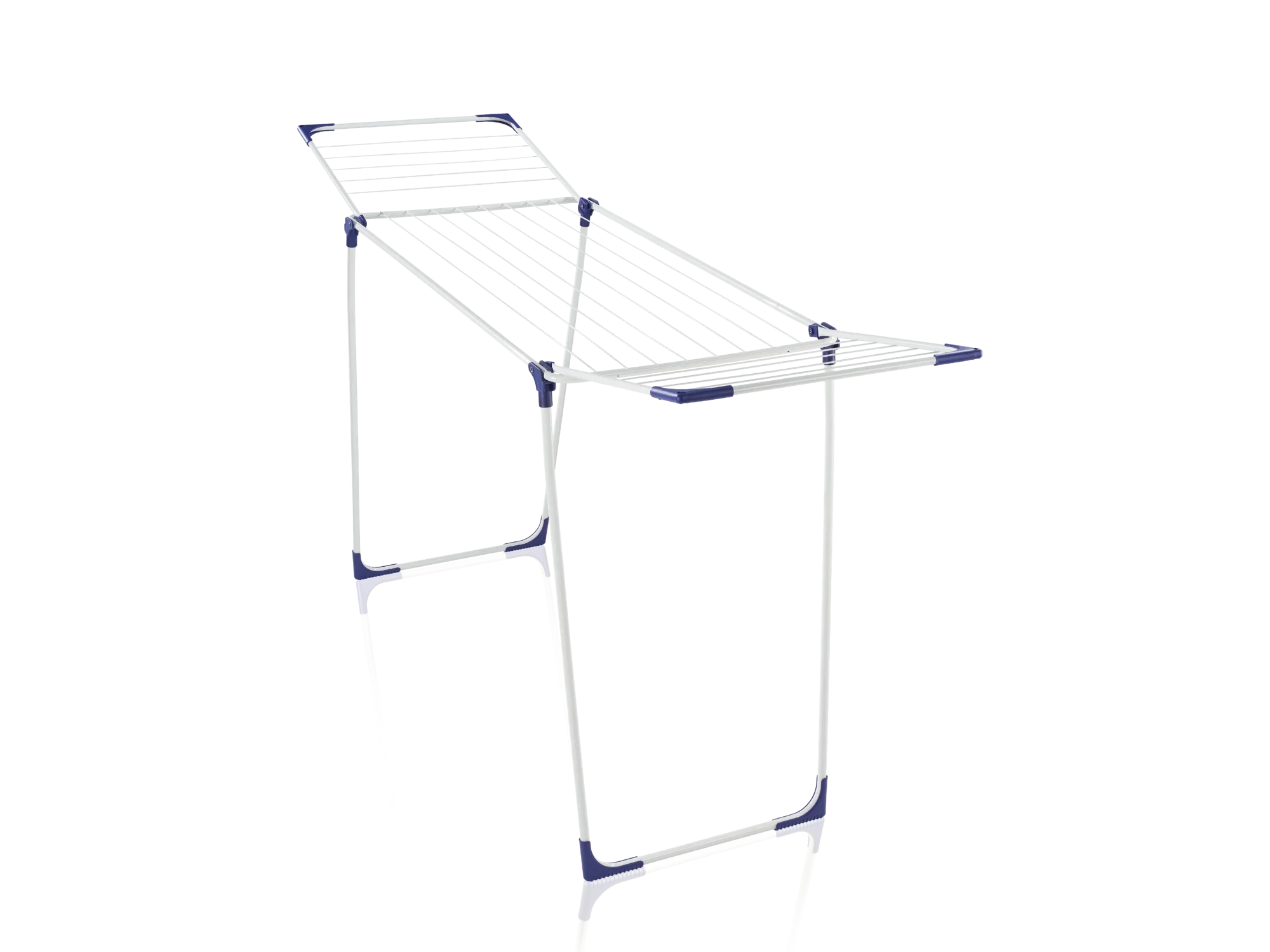 Een witte staande droogtrommel met blauwe accenten, model "Classic 180 Solid", staat rechtop. Hij biedt veel ruimte voor het drogen van kleding en is ideaal voor zowel binnen als buiten.