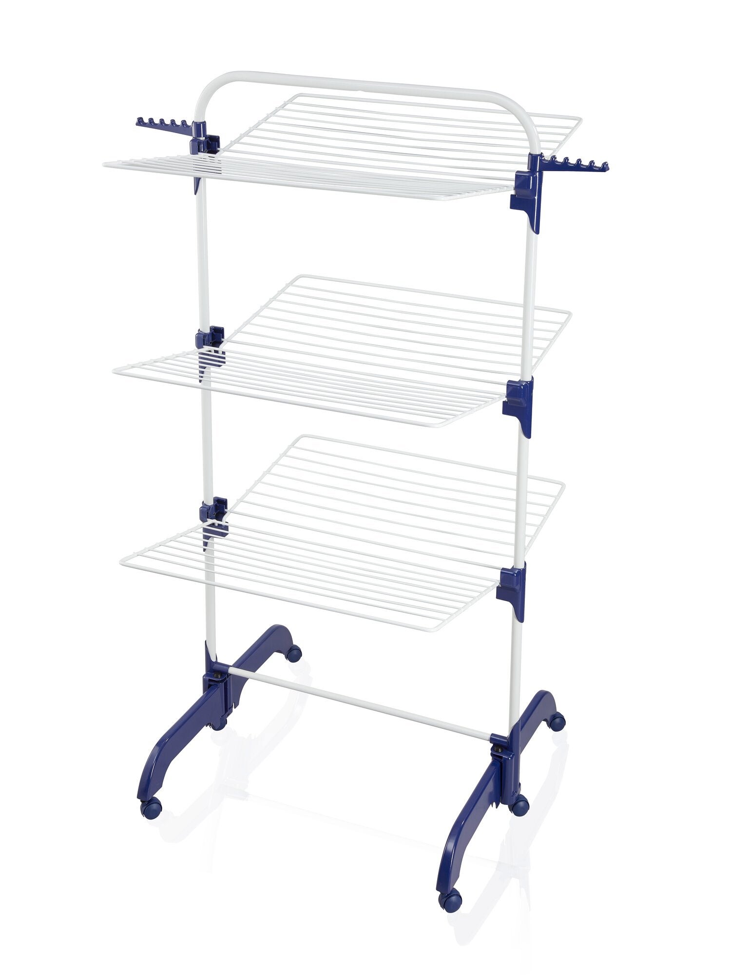Turmtrockner Comfort Tower 420 mit drei Ebenen, ideal zum Trocknen von Kleidung. Stabiler Metallrahmen mit blauen Kunststoffverbindungen und Rollen für einfache Mobilität.