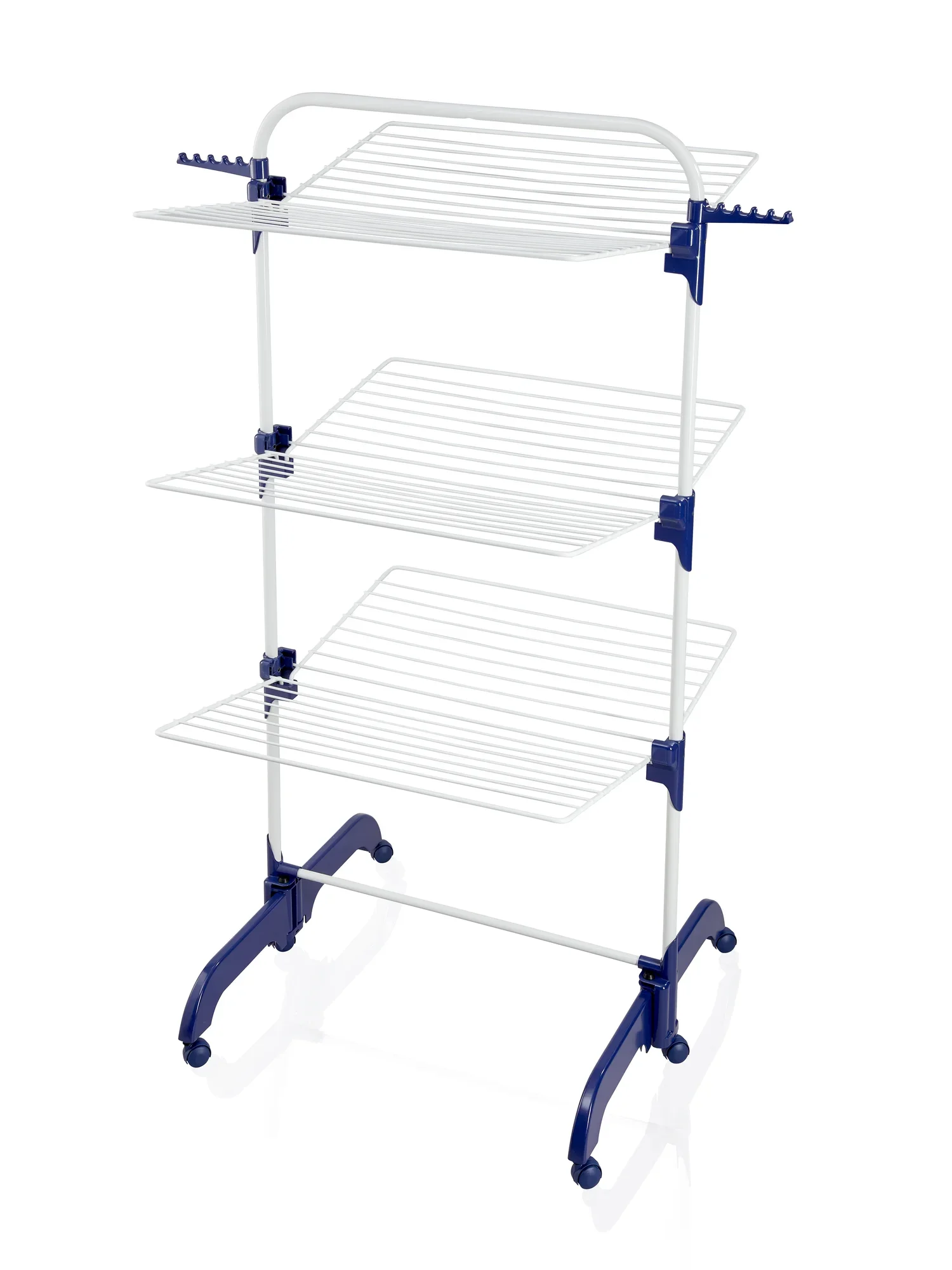 Comfort Tower 420 droogtoren met drie niveaus, ideaal voor het drogen van kleding. Stevig metalen frame met blauwe kunststof verbindingen en wieltjes voor eenvoudige mobiliteit.