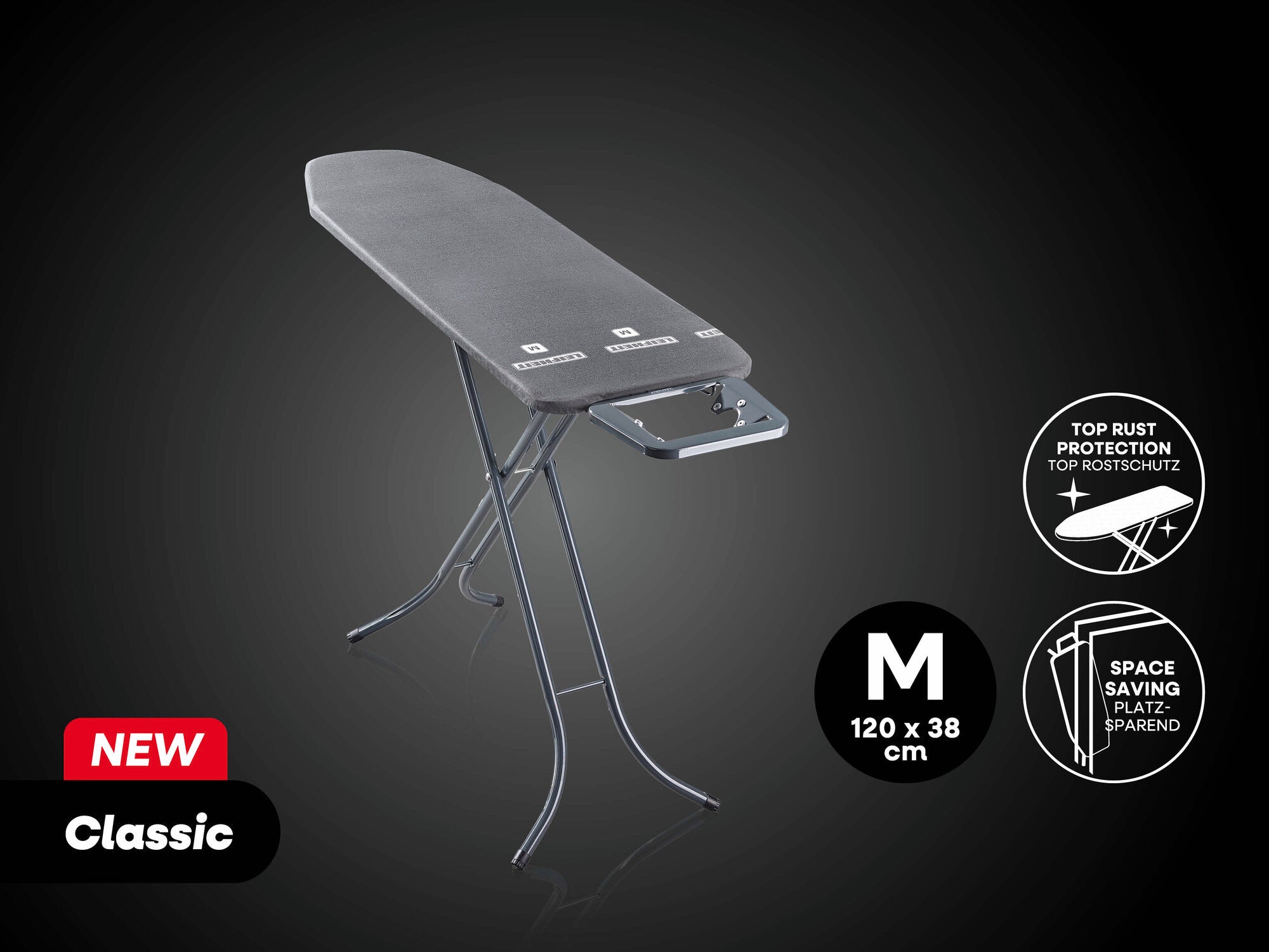 Bügeltisch Classic M von Leifheit in Schwarz. Der Tisch hat eine Bügelfläche von 120 x 38 cm und bietet Top-Rostschutz sowie platzsparendes Design. Ideal für effizientes Bügeln.