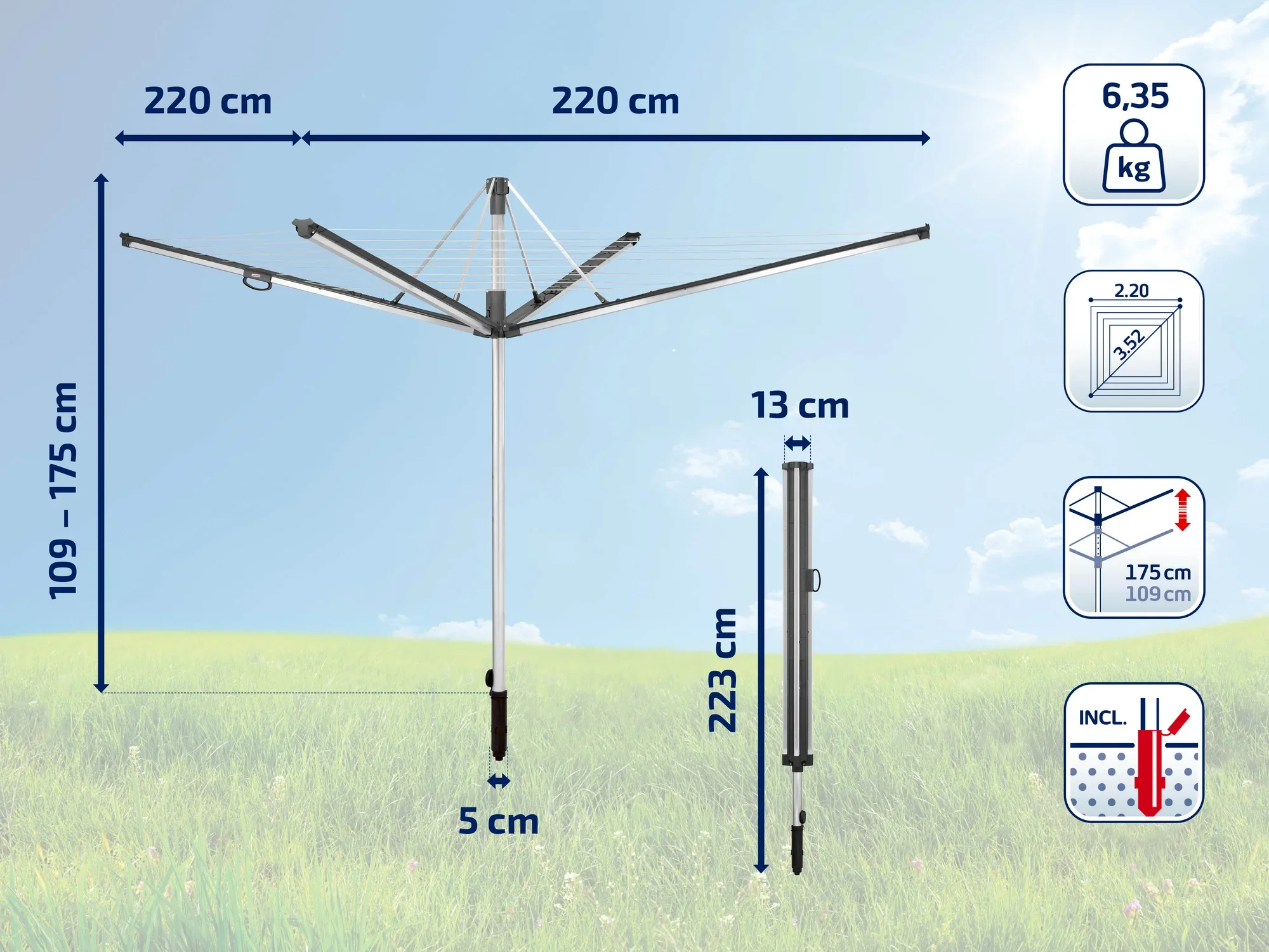 Séchoir à linge d'une envergure de 220 cm et réglable en hauteur de 109 à 175 cm. Avec douilles pour le sol, pèse 6,35 kg. Idéal pour le jardin, robuste et peu encombrant.