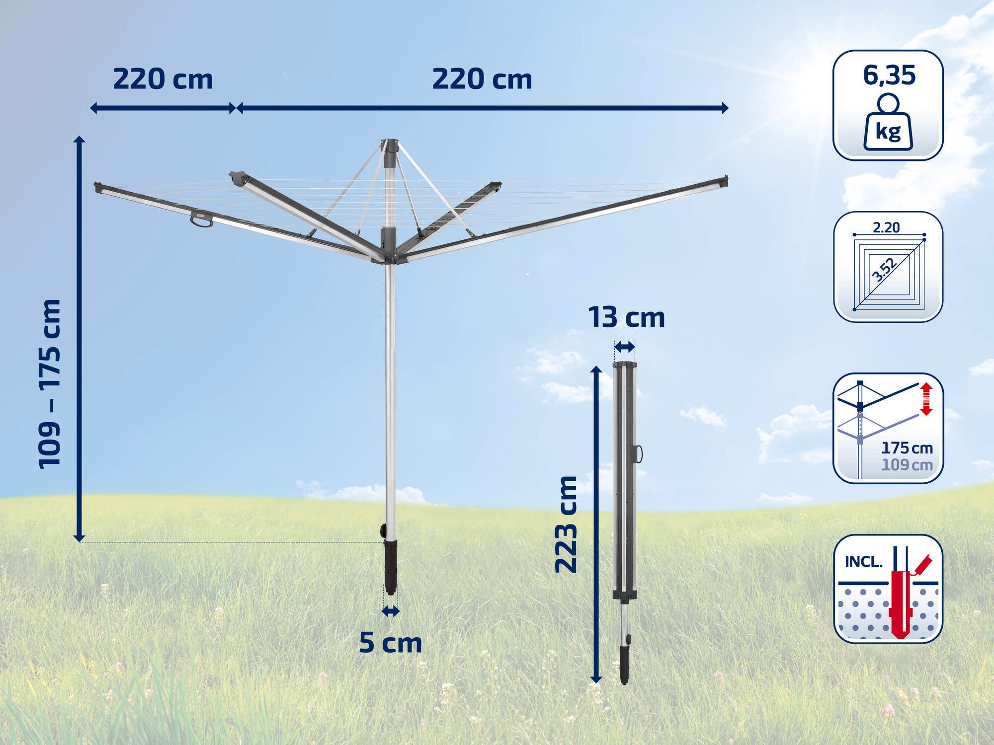 Obrotowa suszarka do ubrań o rozpiętości 220 cm i regulowanej wysokości od 109 do 175 cm. Zawiera gniazdo uziemienia, waży 6,35 kg. Idealna do ogrodu, solidna i zajmująca niewiele miejsca.