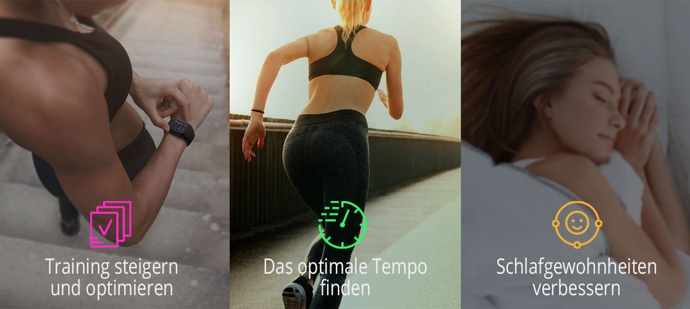 Drei Bilder: Links Mann mit Smartwatch auf Treppe, Mitte Frau joggt draussen, rechts Frau schlaeft friedlich im Bett.