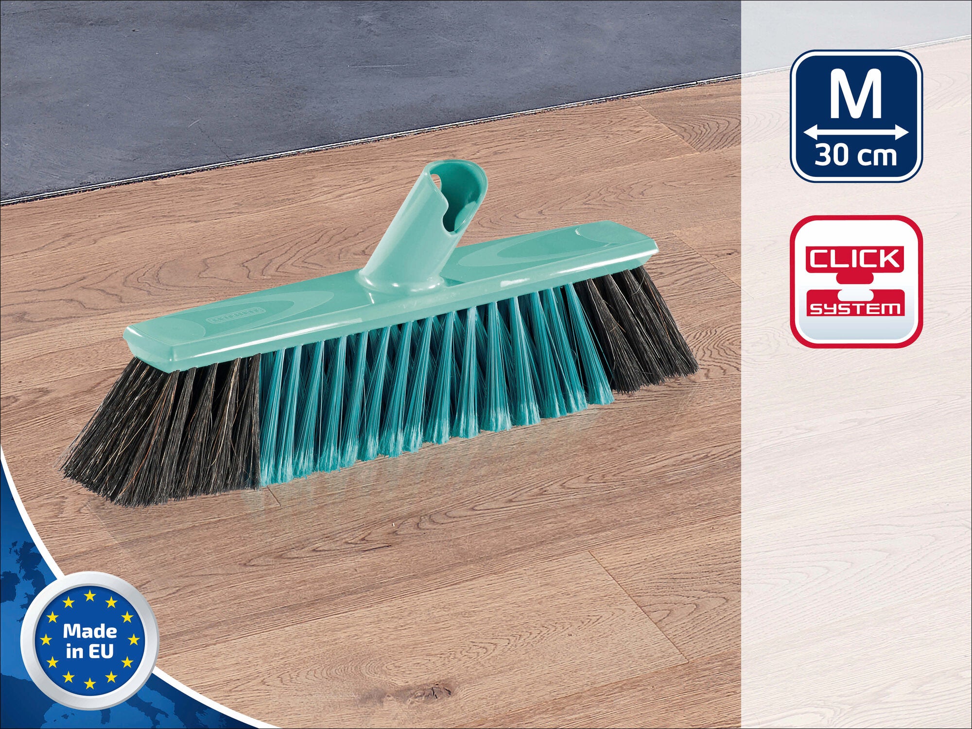 Leifheit Parkettbesen 30 cm mit Click-System. Der Besen hat weiche Borsten für empfindliche Böden und ist ideal für die Reinigung von Parkett. Hergestellt in der EU.