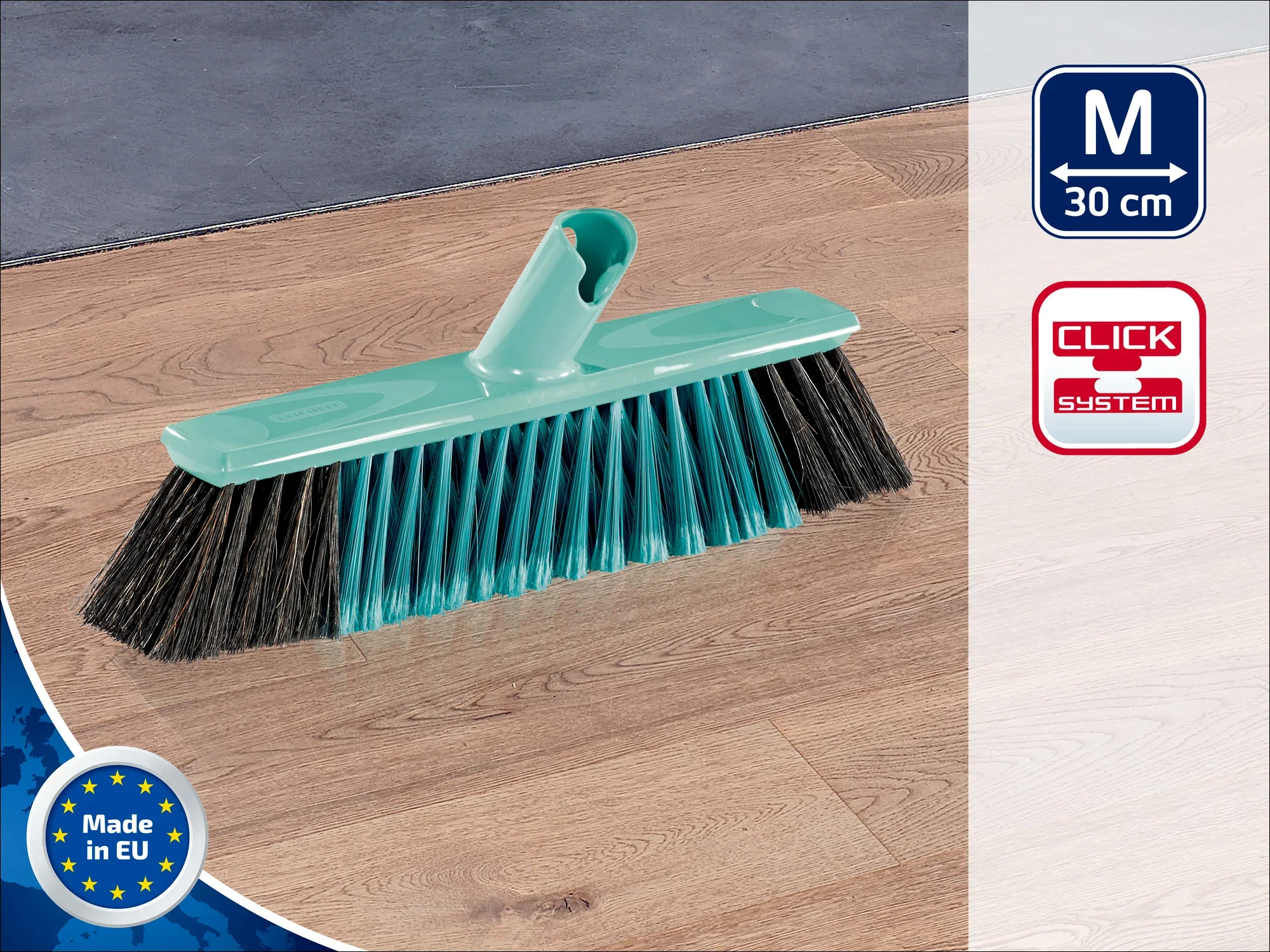 Leifheit Parkettbesen 30 cm mit Click-System. Der Besen hat weiche Borsten für empfindliche Böden und ist ideal für die Reinigung von Parkett. Hergestellt in der EU.