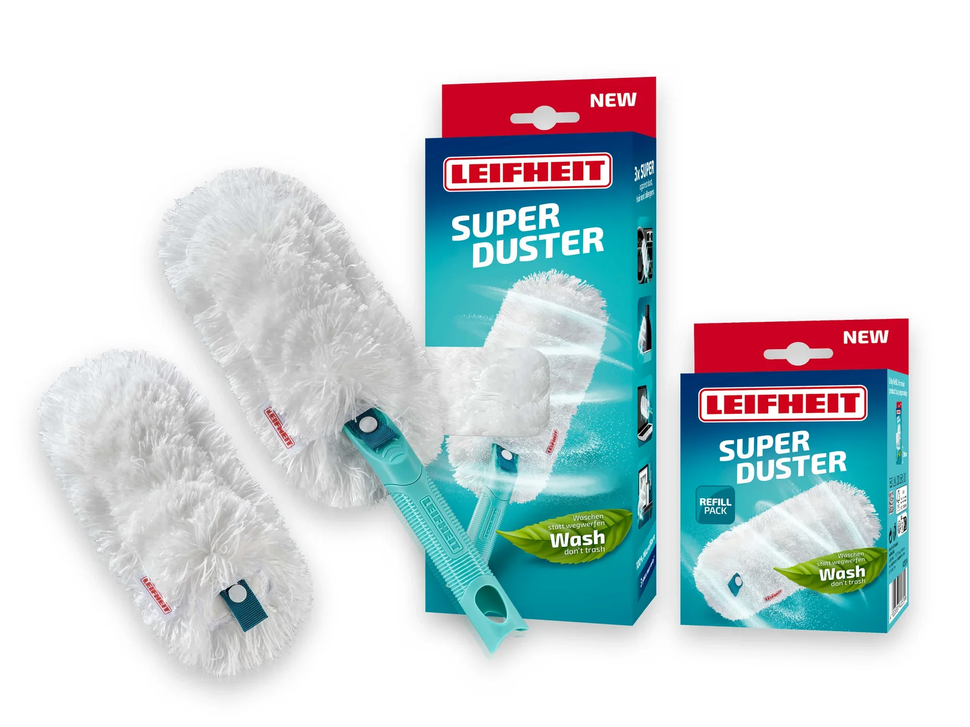 Leifheit Super Duster mit Bezug, abgebildet mit Verpackung. Der Staubwedel hat einen türkisfarbenen Griff und weiße, flauschige Fasern. Ideal zum Staubwischen.