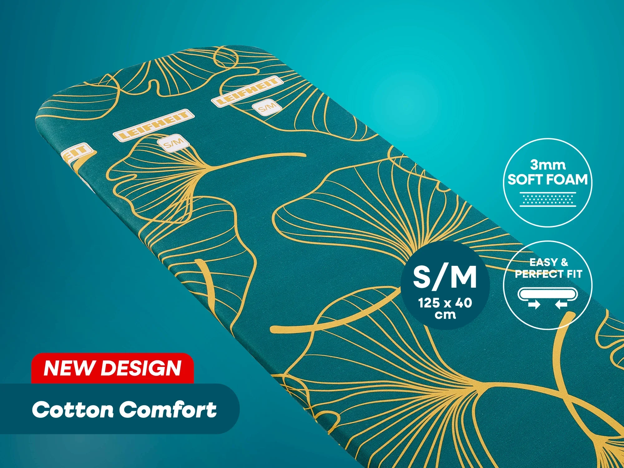 Bügeltischbezug im neuen Design mit dem Namen "Cotton Comfort". Der Bezug ist in den Maßen 125 x 40 cm erhältlich und bietet 3 mm weichen Schaumstoff für einfaches und perfektes Aufziehen.