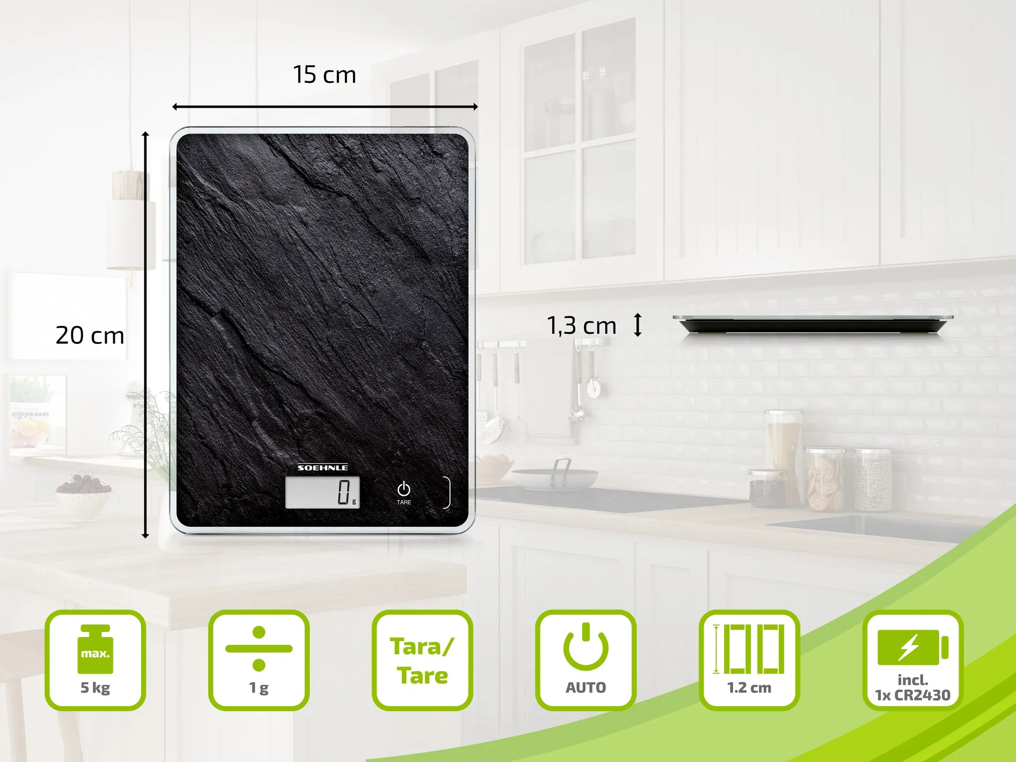 Küchenwaage Soehnle: Digitale Waage mit schwarzer Schieferoptik, misst bis 5 kg mit 1 g Genauigkeit. Kompakt (15x20x1,3 cm), mit Tara-Funktion und automatischer Abschaltung. Ideal für präzises Kochen.