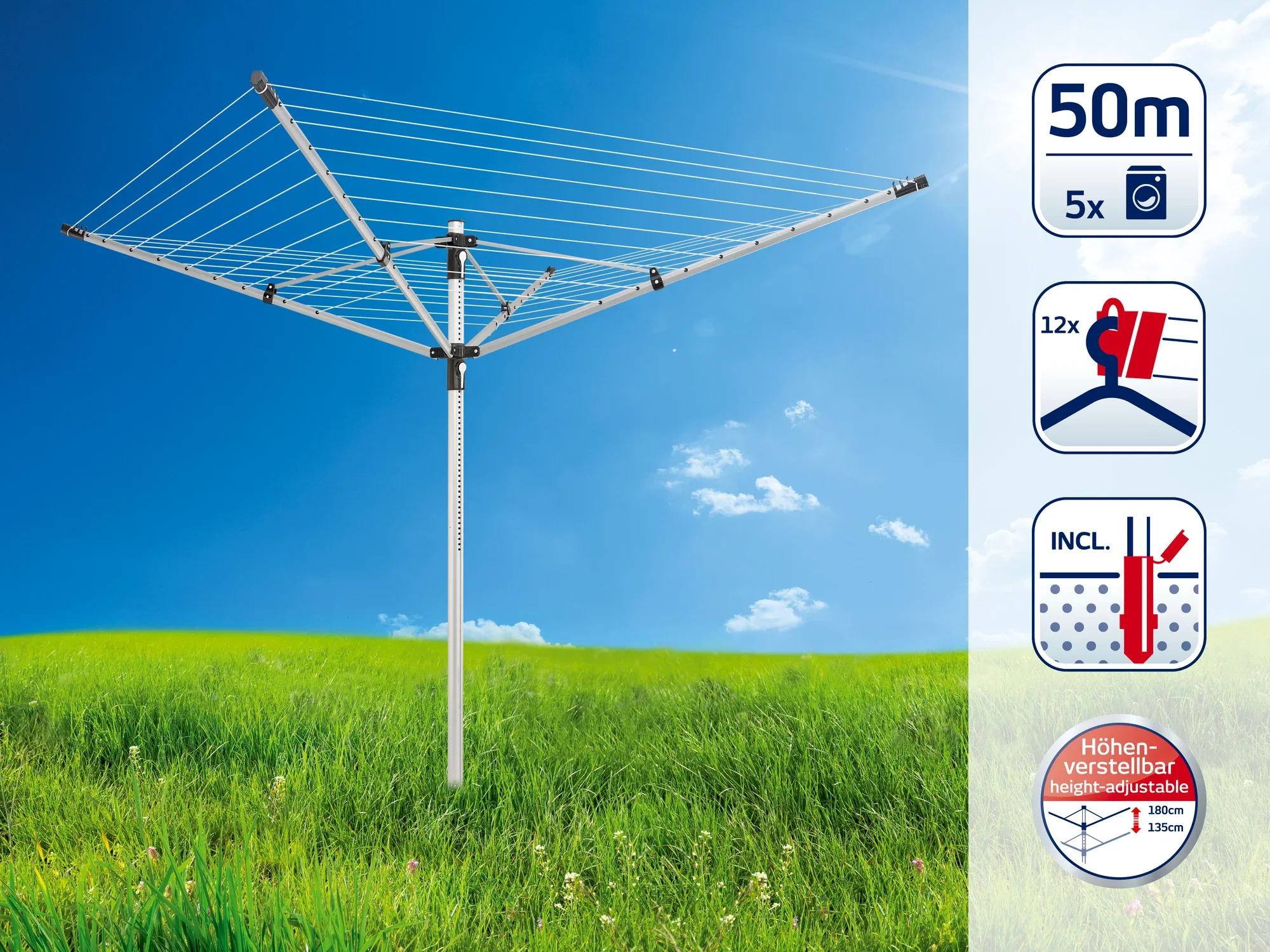 Suszarka obrotowa na zielonej łące pod błękitnym niebem. Suszarka ma długość suszenia wynoszącą 50 metrów, regulowaną wysokość i gniazdo z uziemieniem. Idealna do dużych ilości prania.