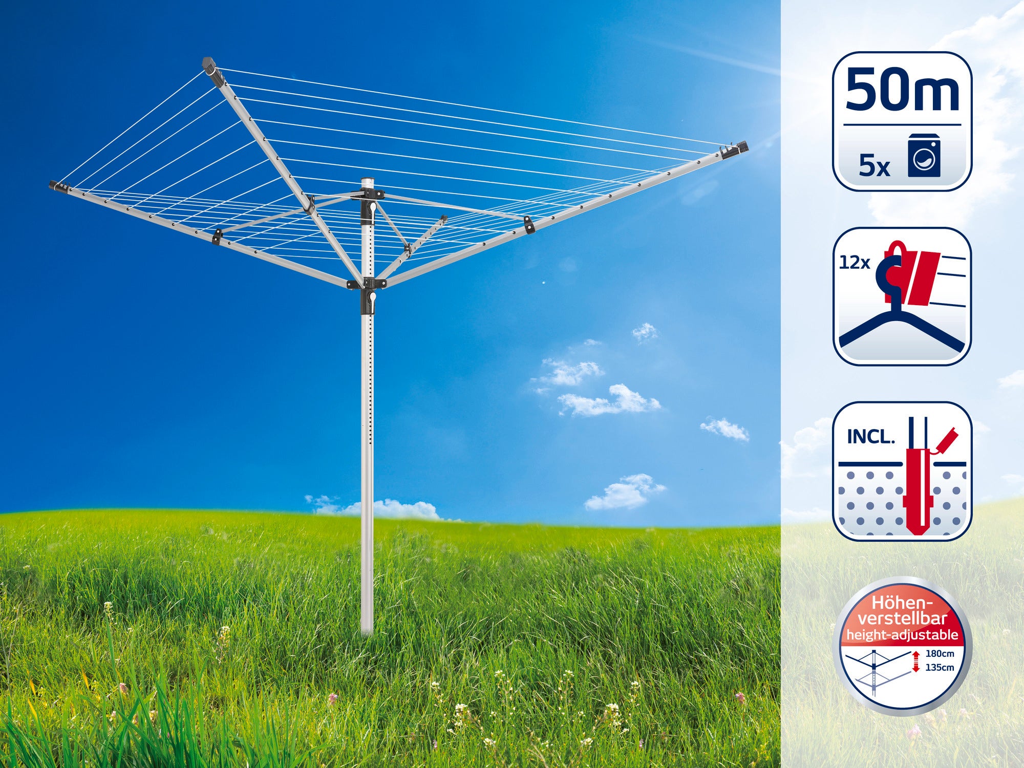 Wäschespinne auf einer grünen Wiese unter blauem Himmel. Sie bietet 50 Meter Trockenlänge, ist höhenverstellbar und wird mit Bodenhülse geliefert. Ideal für große Wäschemengen.