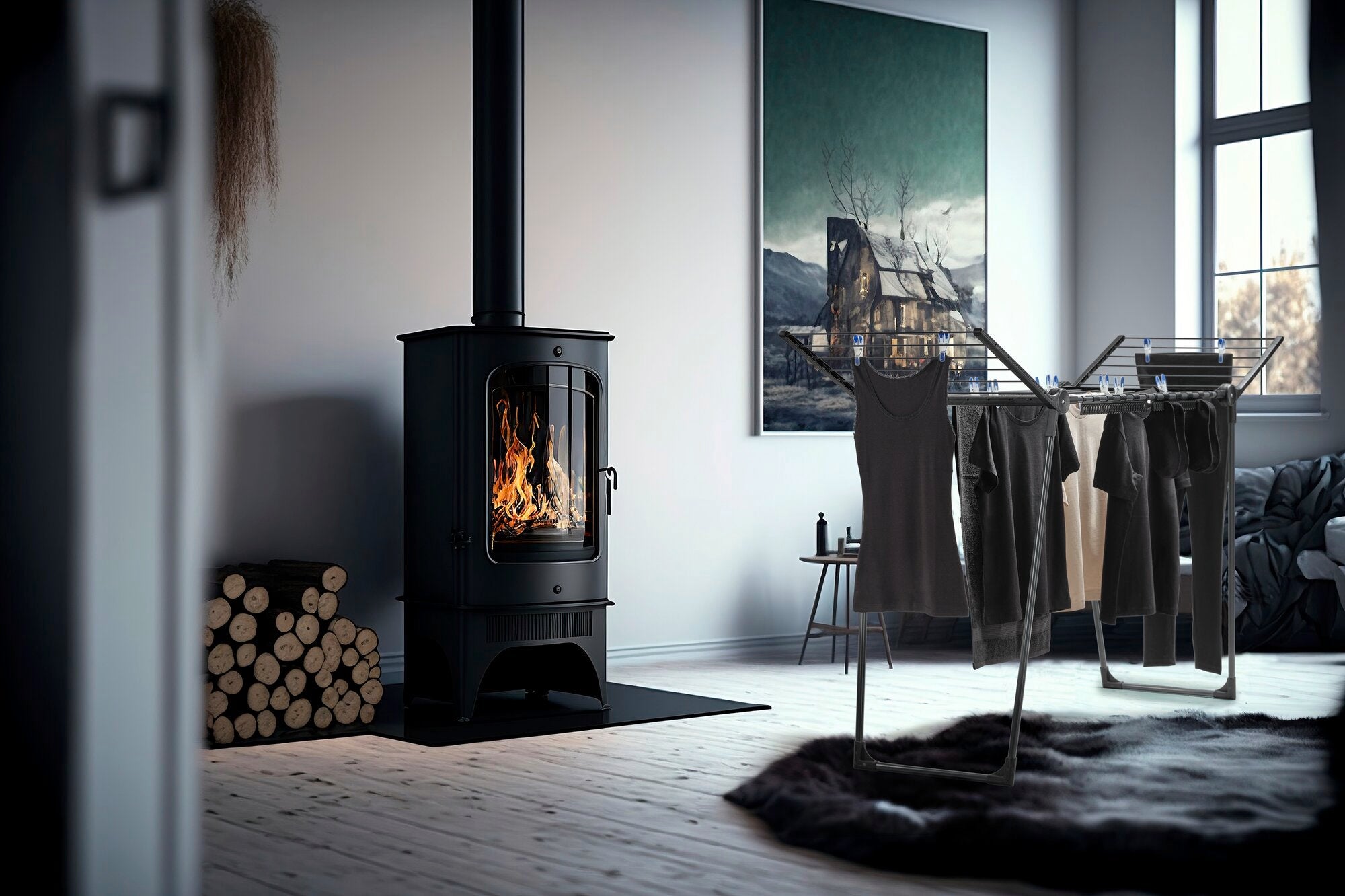 Standtrockner Pegasus 150 Solid Slim Black steht in einem gemütlichen Wohnzimmer neben einem Kamin. Der Trockner ist mit Kleidung beladen und ergänzt das stilvolle Ambiente.