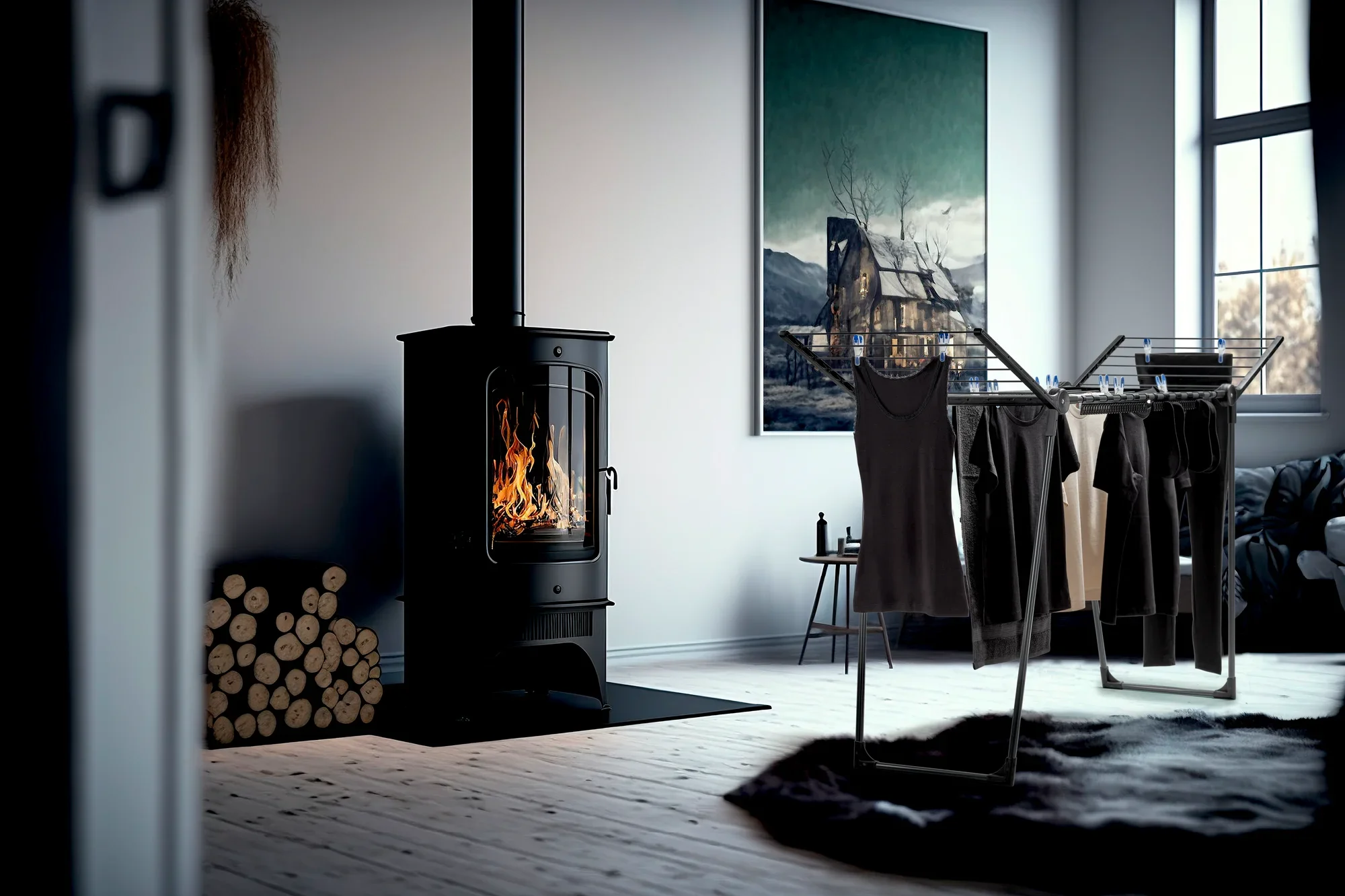 Suszarka bębnowa Pegasus 150 Solid Slim Black stoi w przytulnym salonie obok kominka. Suszarka bębnowa jest załadowana ubraniami i uzupełnia stylową atmosferę.