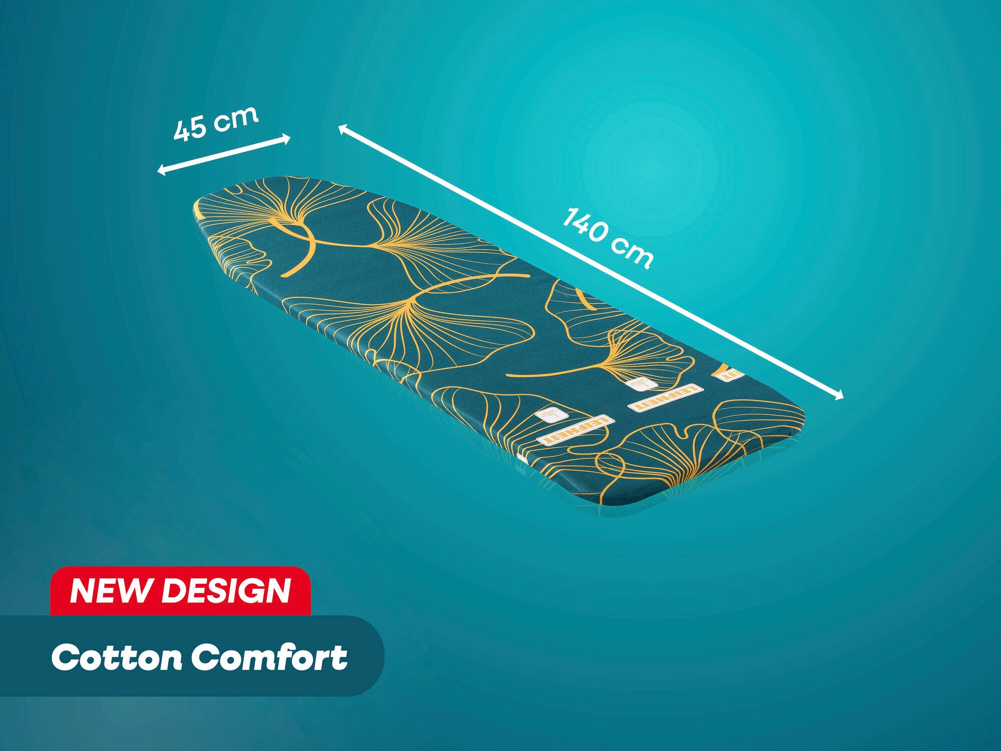 Bügeltischbezug "Cotton Comfort" von Leifheit in neuem Design. Maße: 140 cm x 45 cm. Der Bezug zeigt ein elegantes Muster mit goldenen Linien auf dunkelblauem Hintergrund.