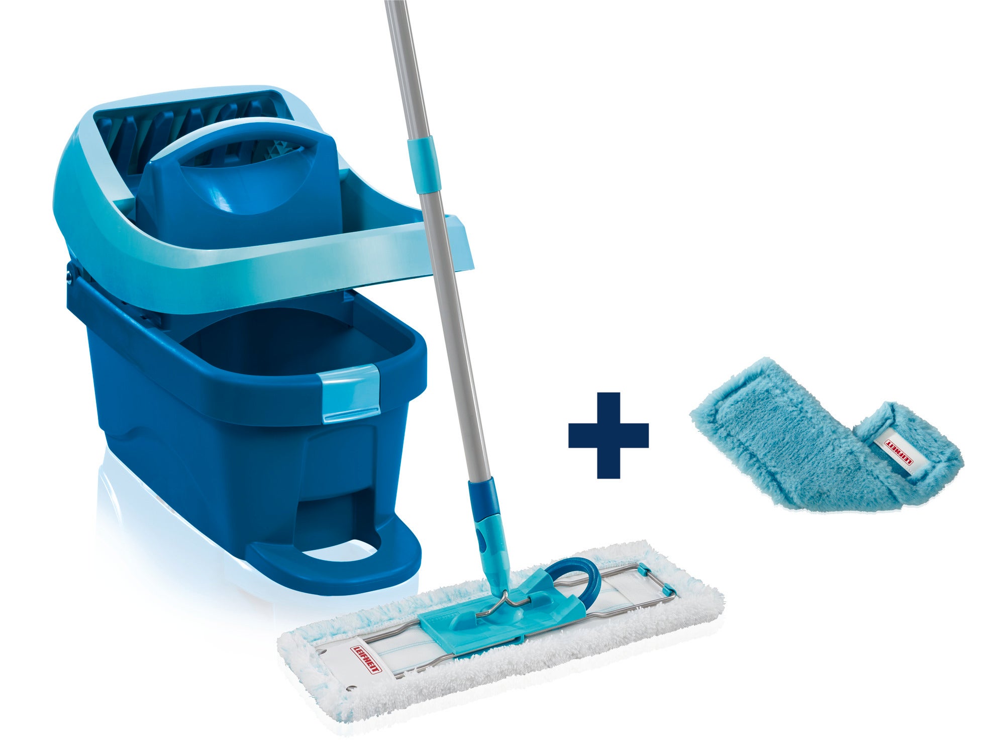 Een set bestaande uit een Profi XL wisser met een mobiele en statische pers. Inclusief een emmer met persmechanisme en een vervangbare microvezeldoek voor efficiënte vloerreiniging.