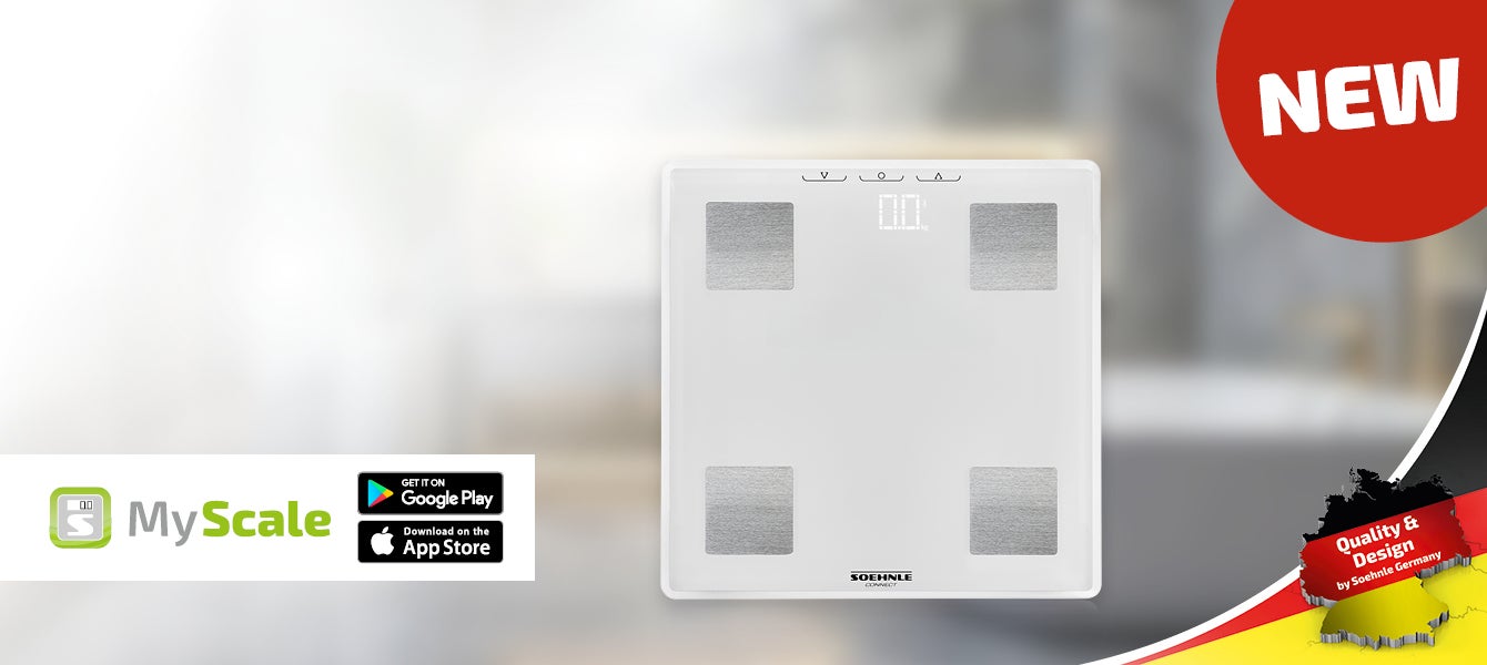 Digital bathroom scale with a sleek white design and silver accents, featuring a display. "MyScale" app available for iOS and Android.
