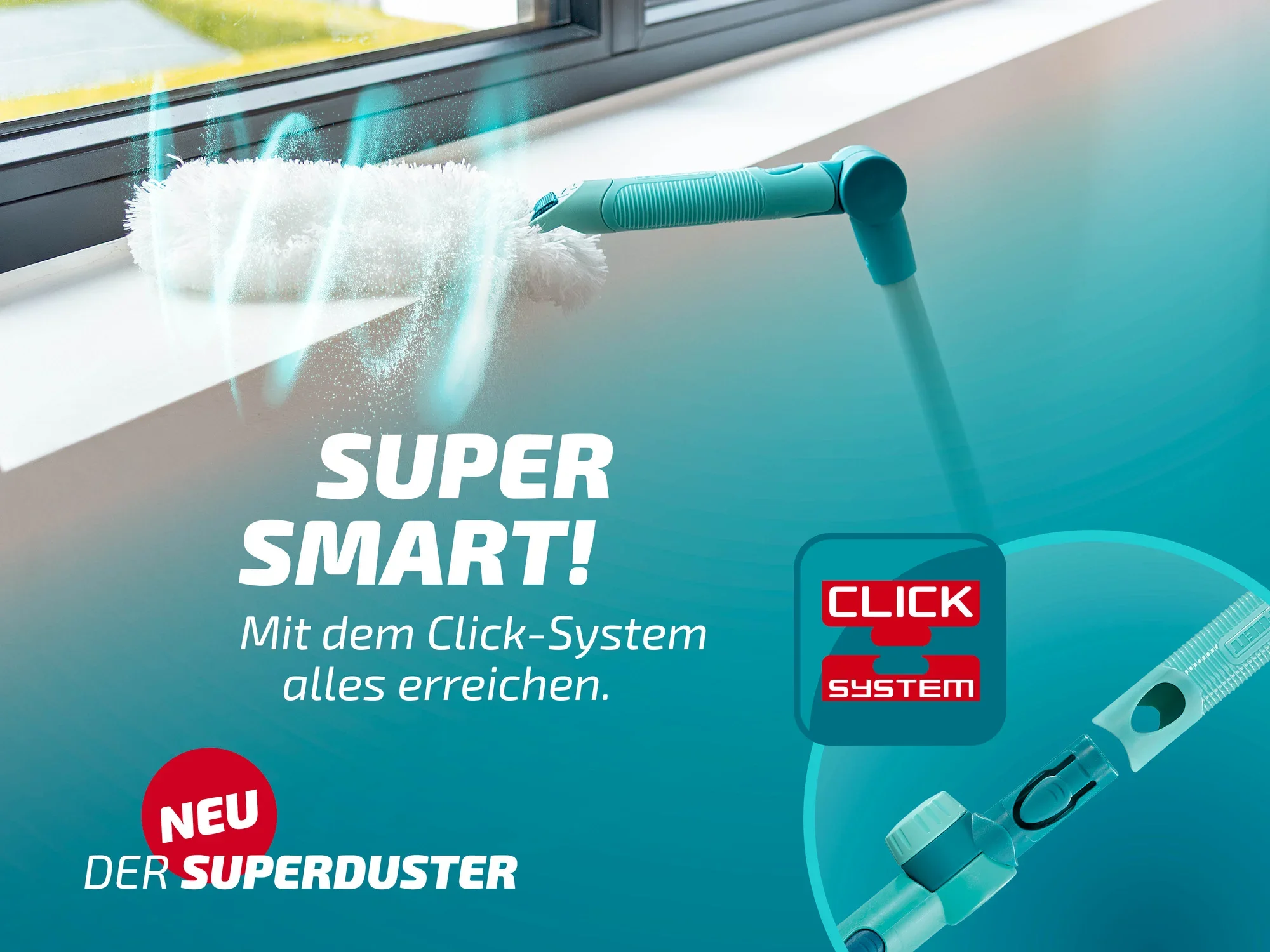 Der Leifheit Superduster ist ein innovativer Staubwedel mit Click-System, ideal für schwer erreichbare Stellen. Perfekt für die Reinigung von Fenstern und Ecken.