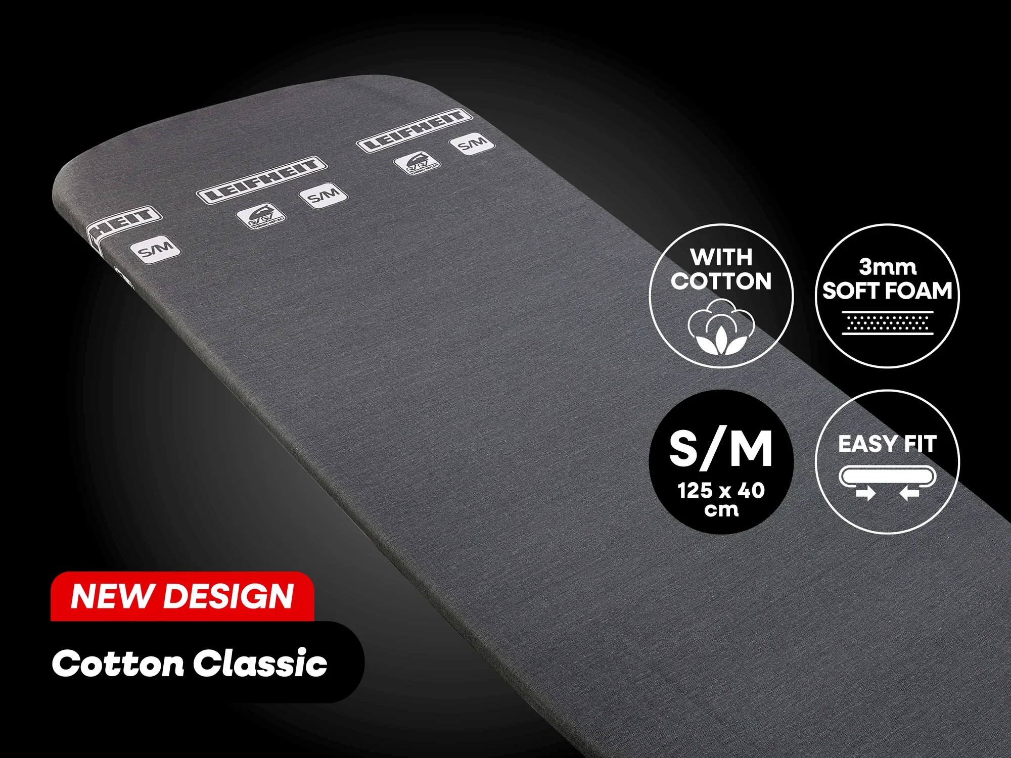 Bügeltischbezug von Leifheit in modernem Design. Der Bezug ist aus Baumwolle gefertigt und mit 3 mm weichem Schaumstoff gepolstert. Größe S/M: 125 x 40 cm. Einfach anzubringen.