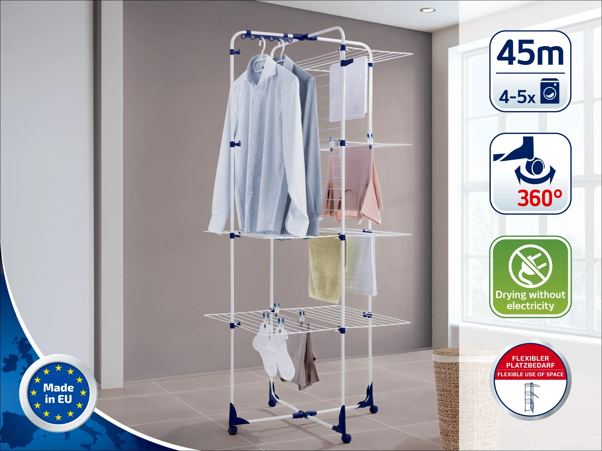 Un séchoir à tour est installé dans une pièce moderne. Il offre de la place pour plusieurs vêtements sur différents niveaux. Des symboles indiquent les fonctions telles que la longueur de séchage de 45 mètres et la rotation à 360 degrés.
