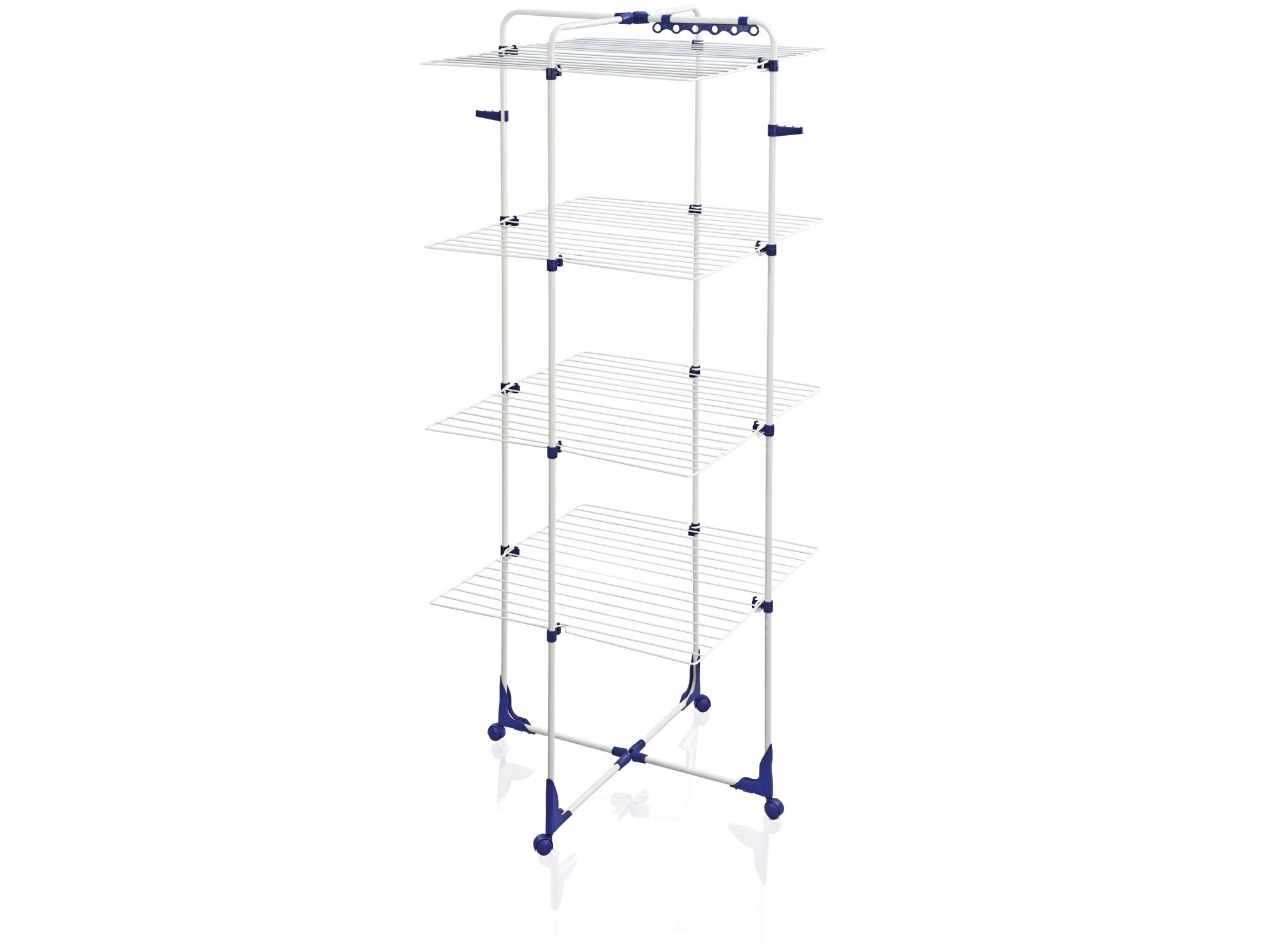 Turmtrockner Classic Tower 450: Ein hoher, platzsparender Wäscheständer mit mehreren Ebenen, ideal für kleine Räume. Robuste Konstruktion mit blauen Akzenten.