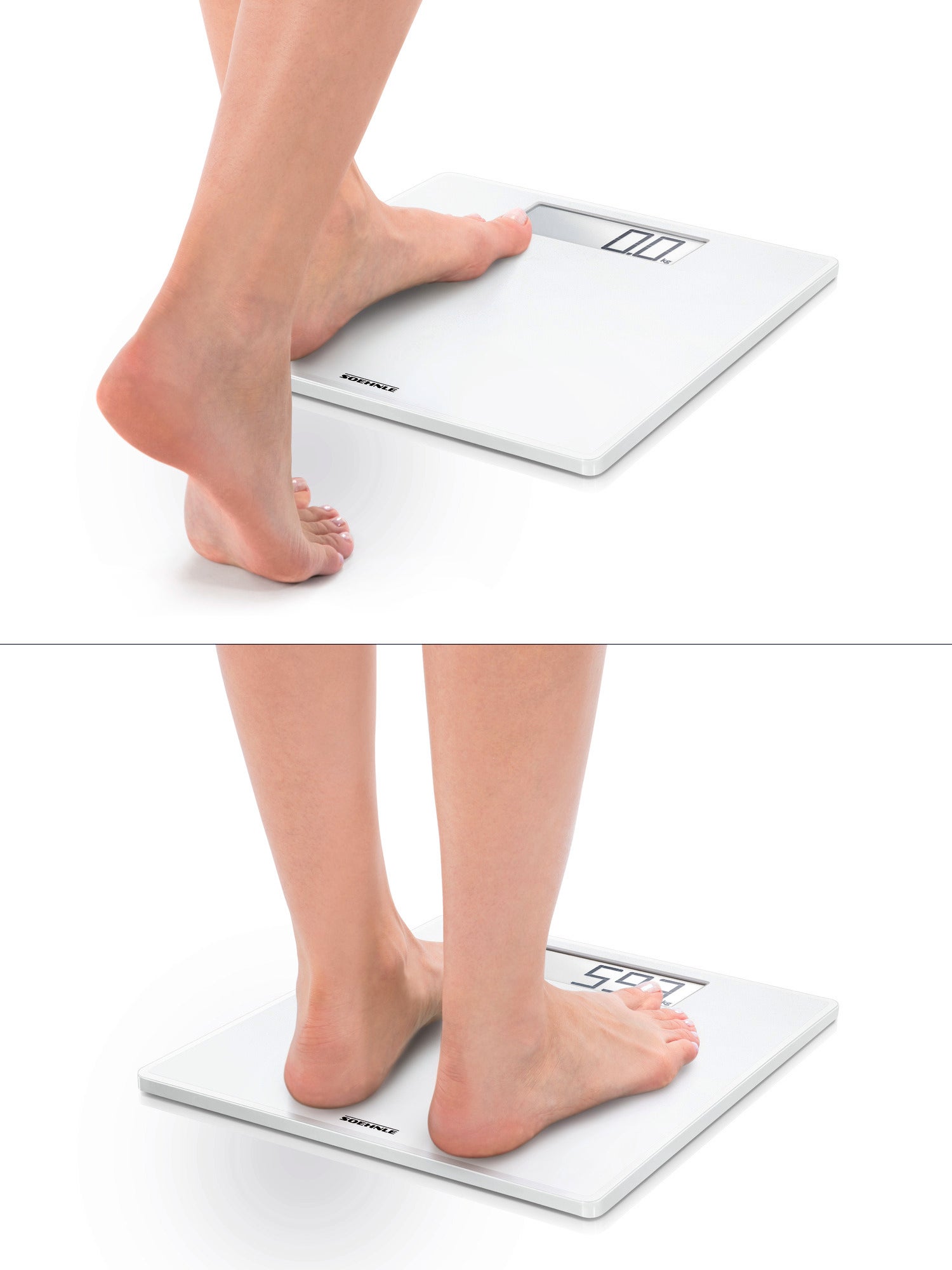 Zwei Bilder einer Personenwaage digital, Style Sense Safe 100. Oben: Eine Person stellt einen Fuß auf die Waage. Unten: Beide Füße stehen auf der Waage, die ein Gewicht anzeigt.
