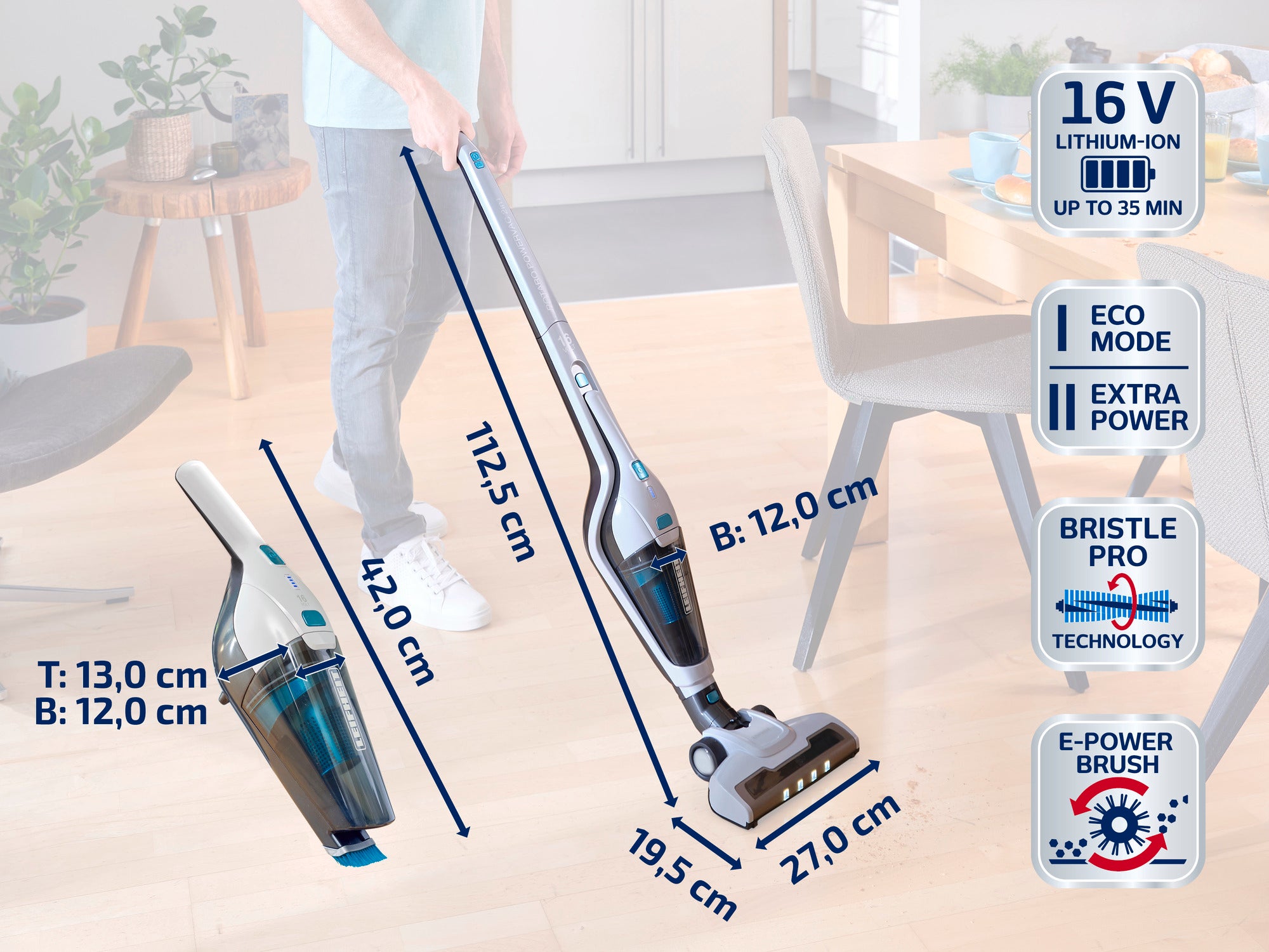 Odkurzacz bezprzewodowy z akumulatorem litowo-jonowym 16 V, idealny do 35 minut sprzątania. Wyposażony w tryb Eco, Extra Power i technologię Bristle Pro.