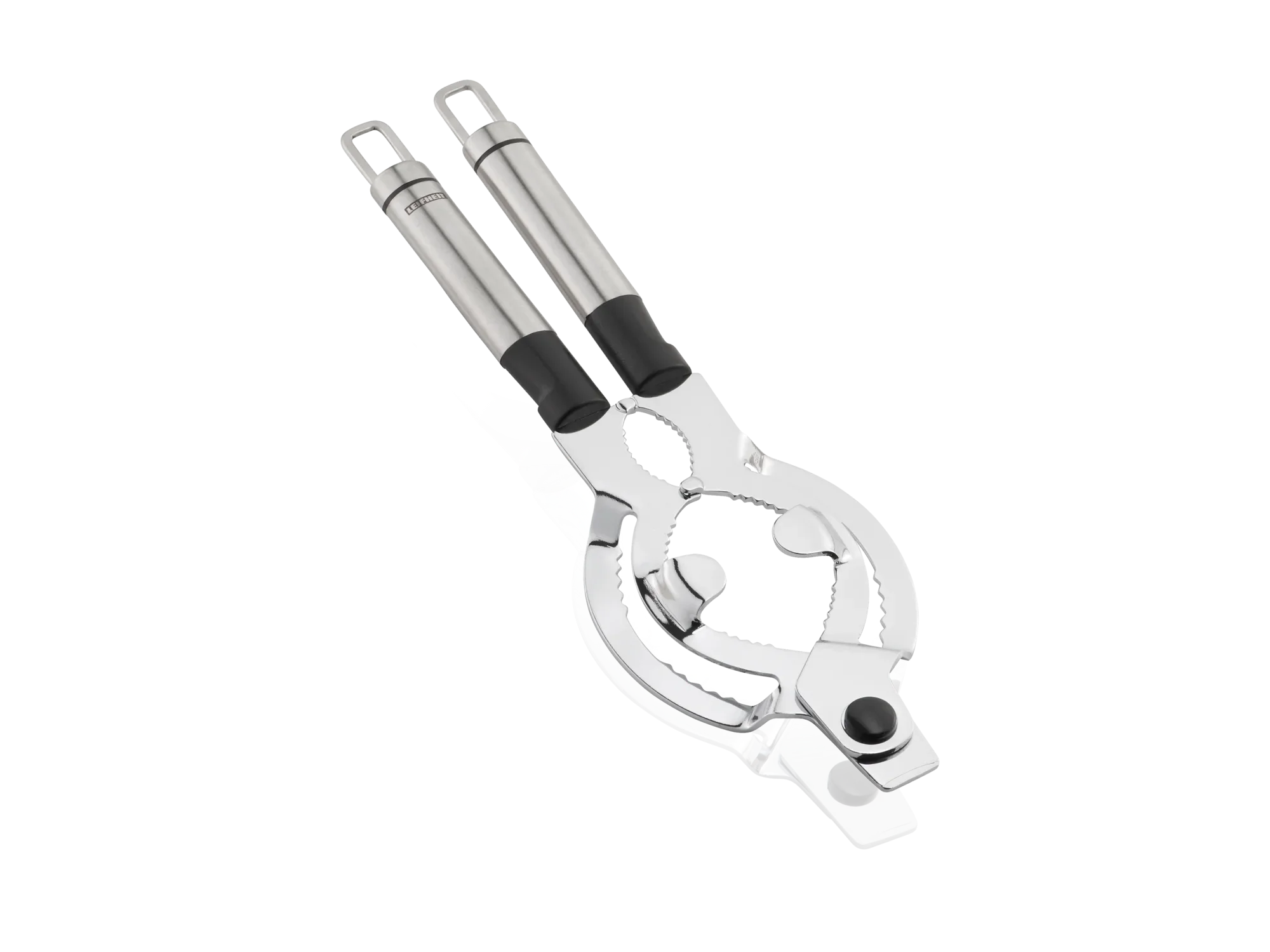 Roestvrijstalen dekselopener met ergonomisch handvat. Ideaal om potten en flessen gemakkelijk te openen. Robuust ontwerp voor een lange levensduur in de keuken.