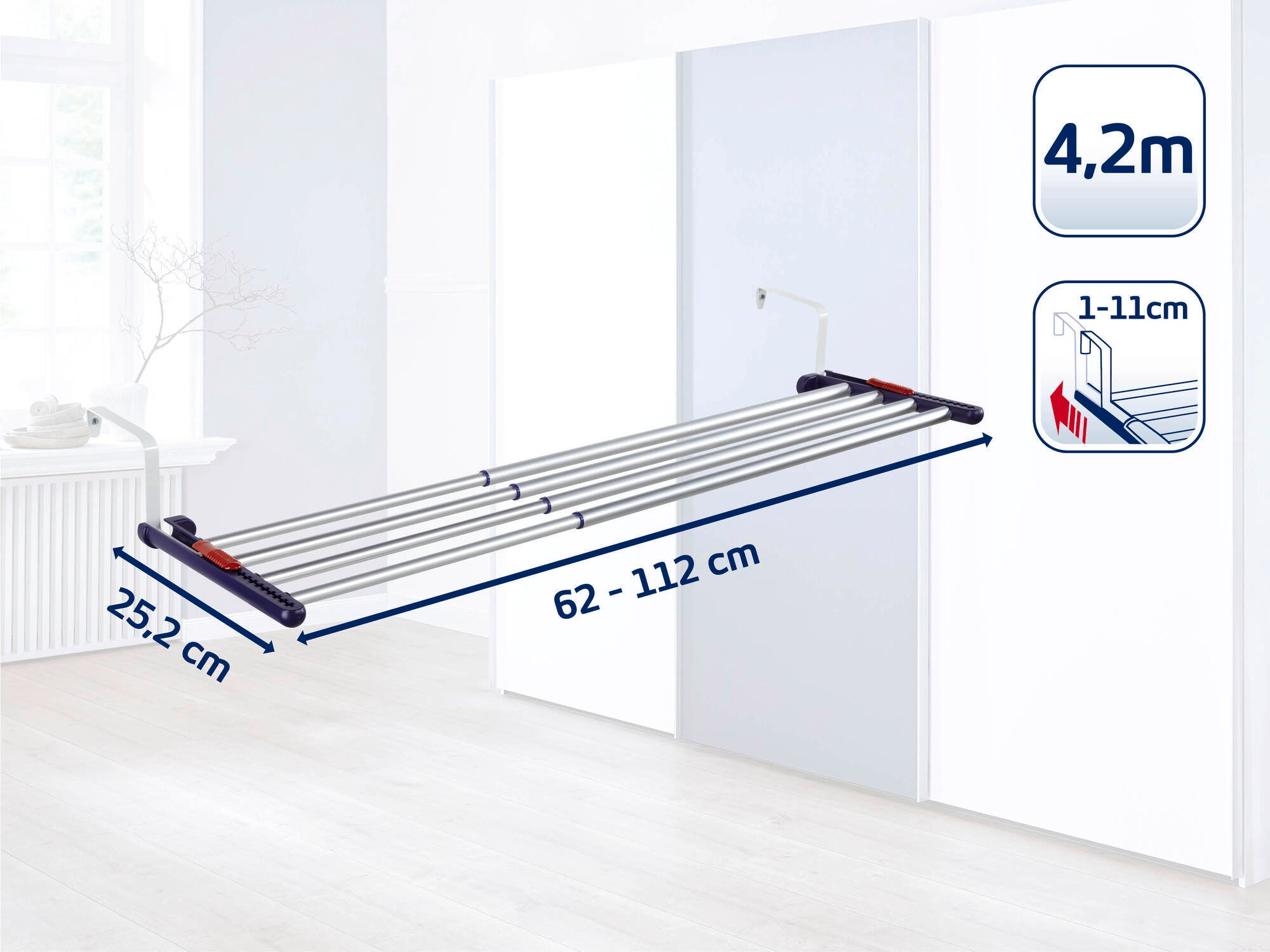 A Leifheit hanging dryer that is mounted on a wall. It has an extendable width of 62 to 112 cm and a depth of 25.2 cm. The drying length is 4.2 metres. Ideal for small rooms.