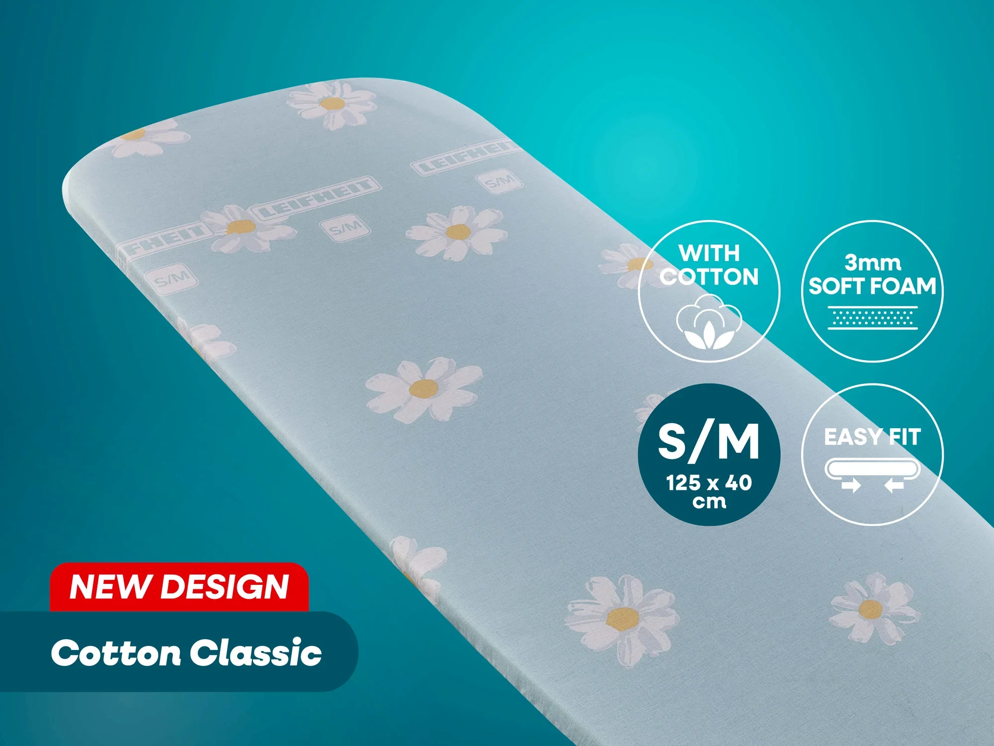 Bügeltischbezug im neuen Design "Cotton Classic" von Leifheit. Der Bezug ist 125 x 40 cm groß, besteht aus Baumwolle mit 3 mm weichem Schaum und bietet eine einfache Passform.