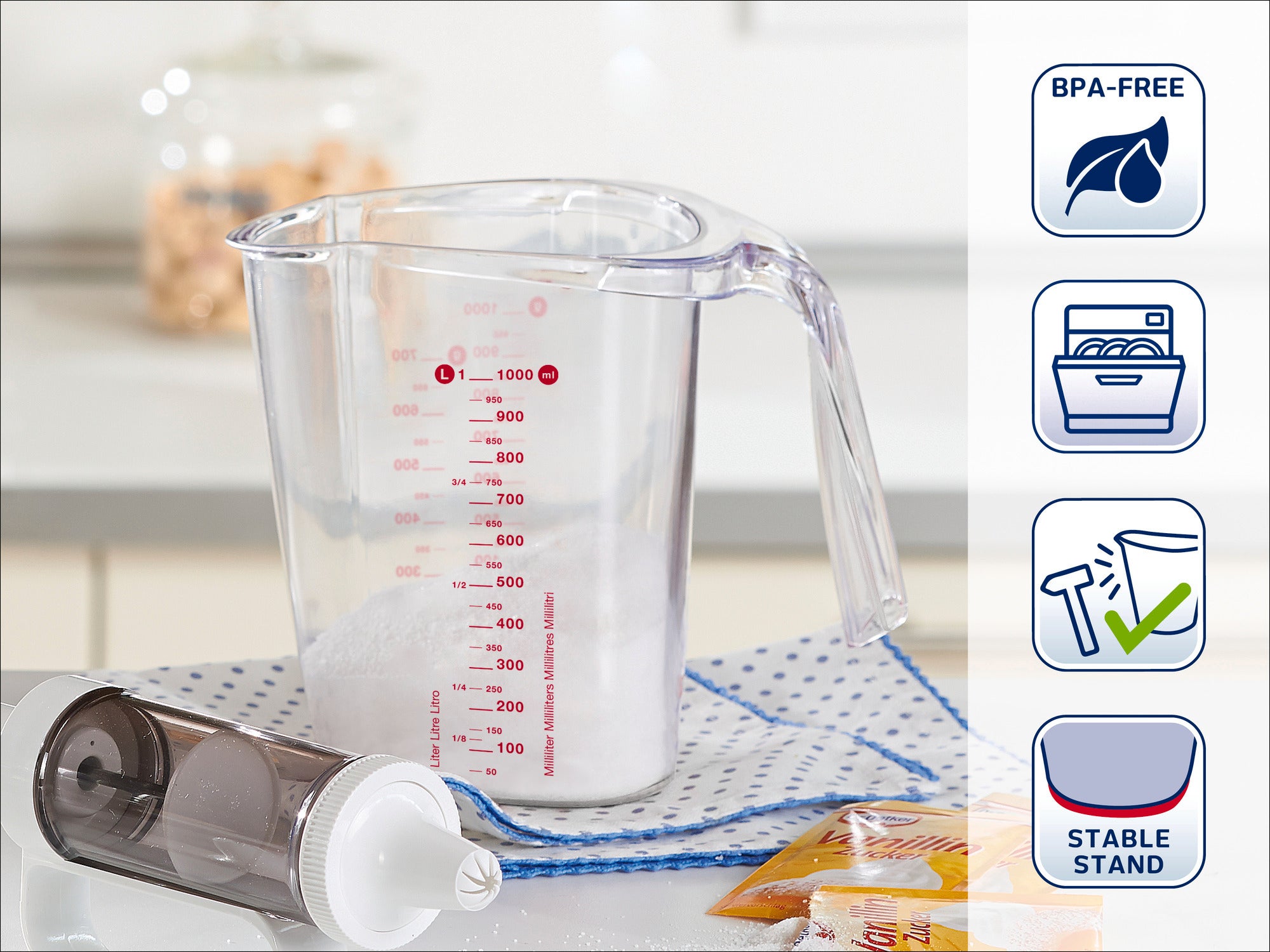 Tasse à mesurer avec poignée et échelle graduée, sans BPA. Idéale pour mesurer avec précision les liquides. Lavable au lave-vaisselle et stable. Parfaite pour toutes les cuisines.