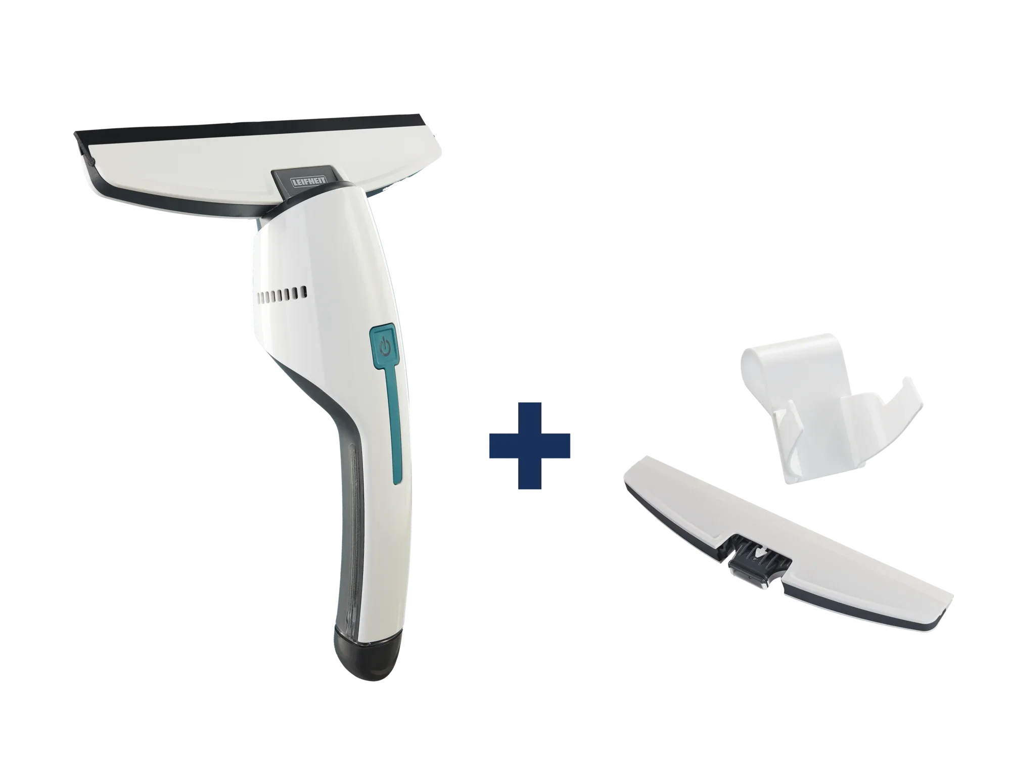 Nemo raamstofzuigerset bestaande uit een witte, ergonomische raamstofzuiger met blauw accent en extra accessoires. Ideaal voor het streeploos reinigen van glazen oppervlakken.