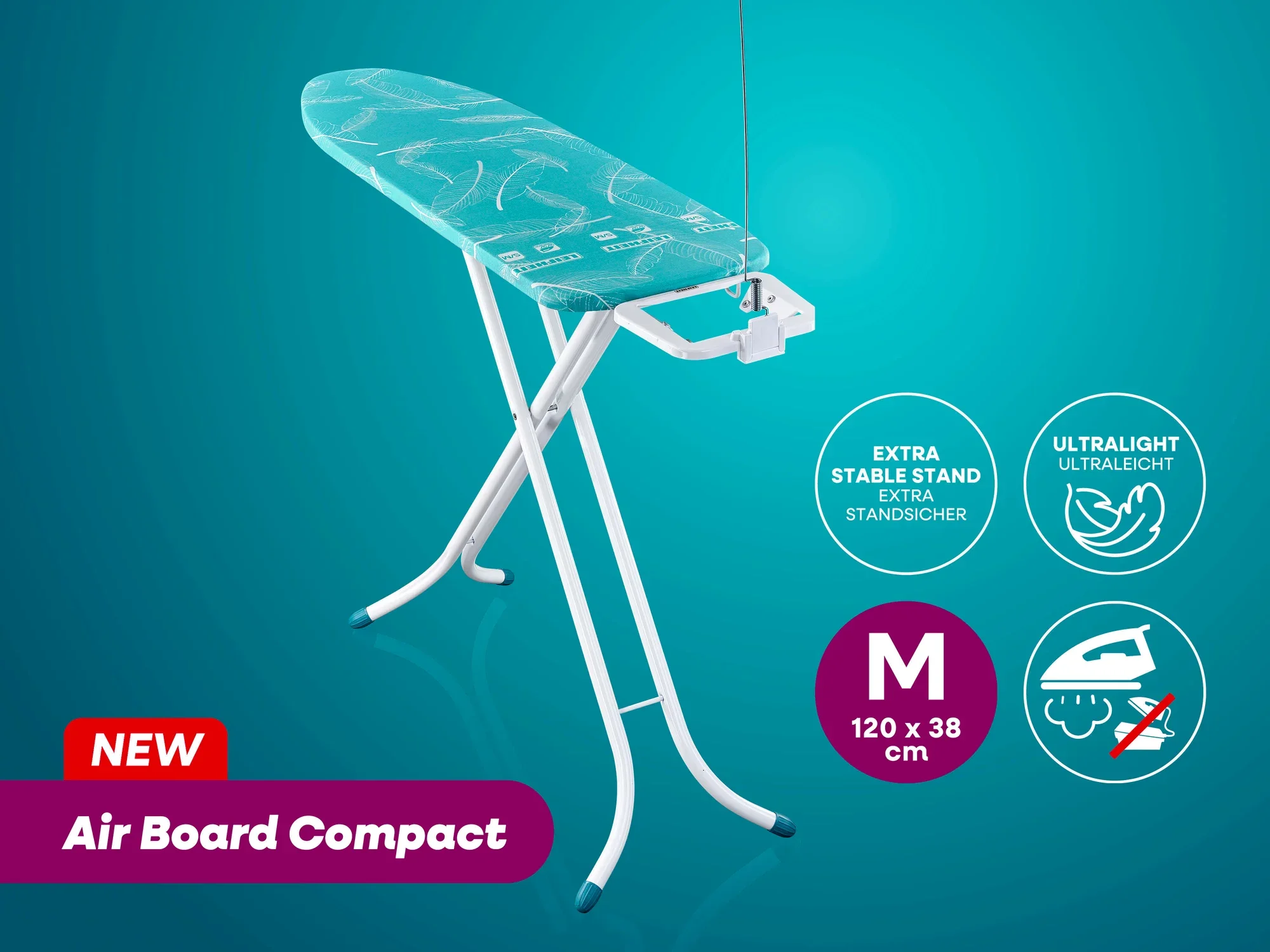 Bügeltisch Air Board Compact von Leifheit in der Größe M, 120 x 38 cm. Er ist ultraleicht und bietet einen extra stabilen Stand. Ideal für effizientes Bügeln.