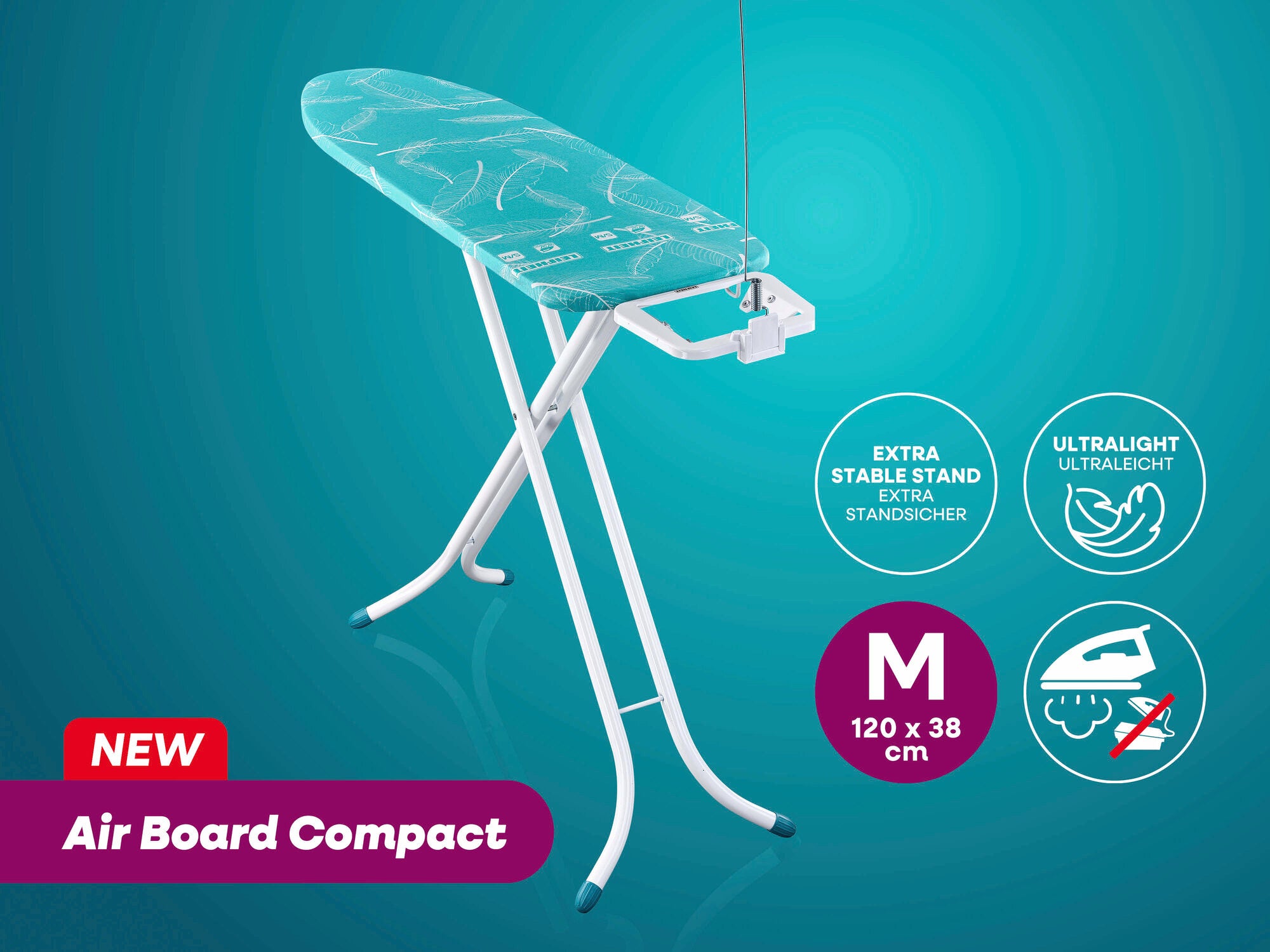 Bügeltisch Air Board Compact von Leifheit in der Größe M, 120 x 38 cm. Er ist ultraleicht und bietet einen extra stabilen Stand. Ideal für effizientes Bügeln.