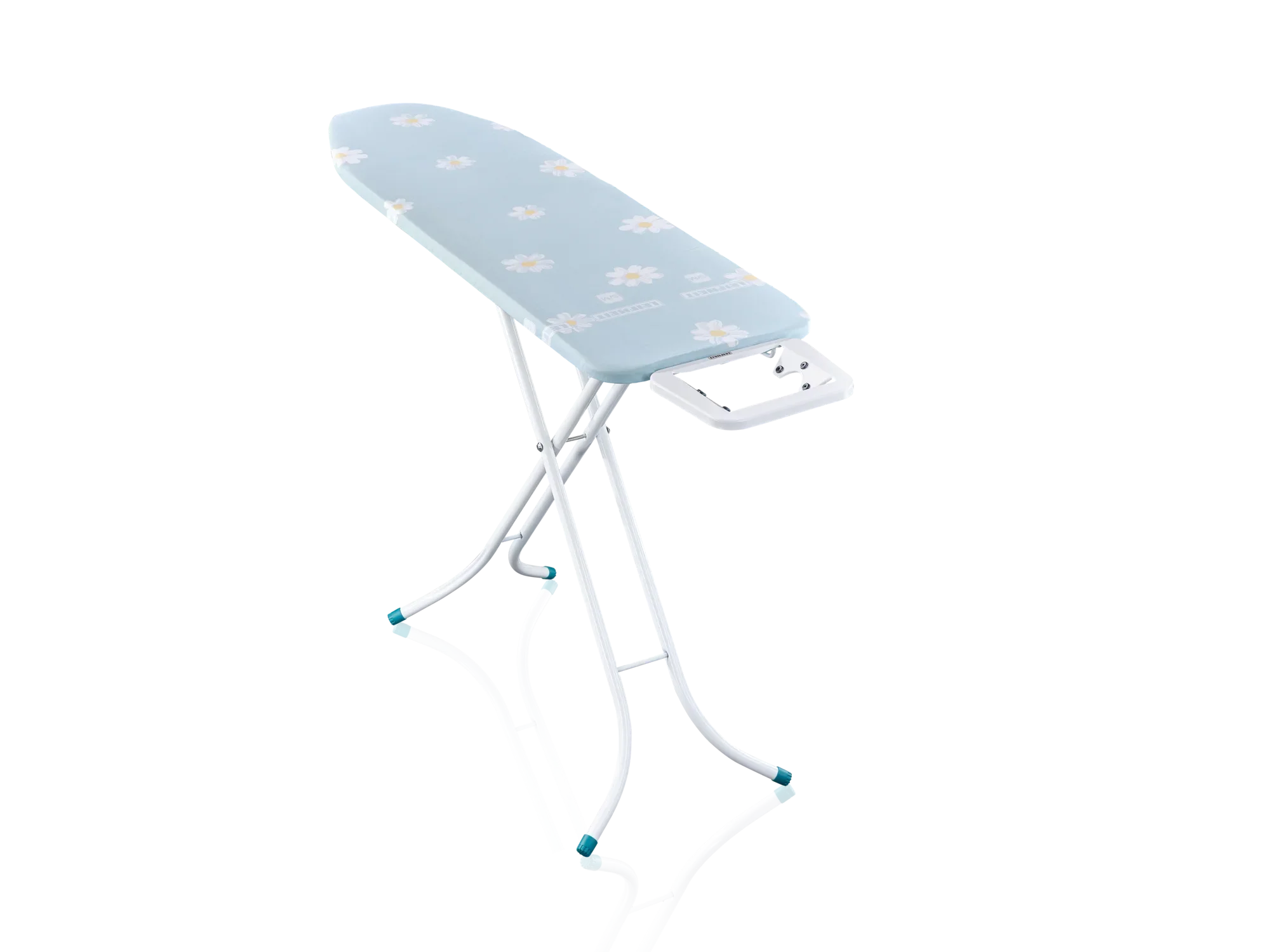 Bügelbrett Leifheit Classic M Basic mit blumenbedrucktem Bezug. Das Brett hat eine stabile, weiße Metallkonstruktion und eine integrierte Ablage für das Bügeleisen.