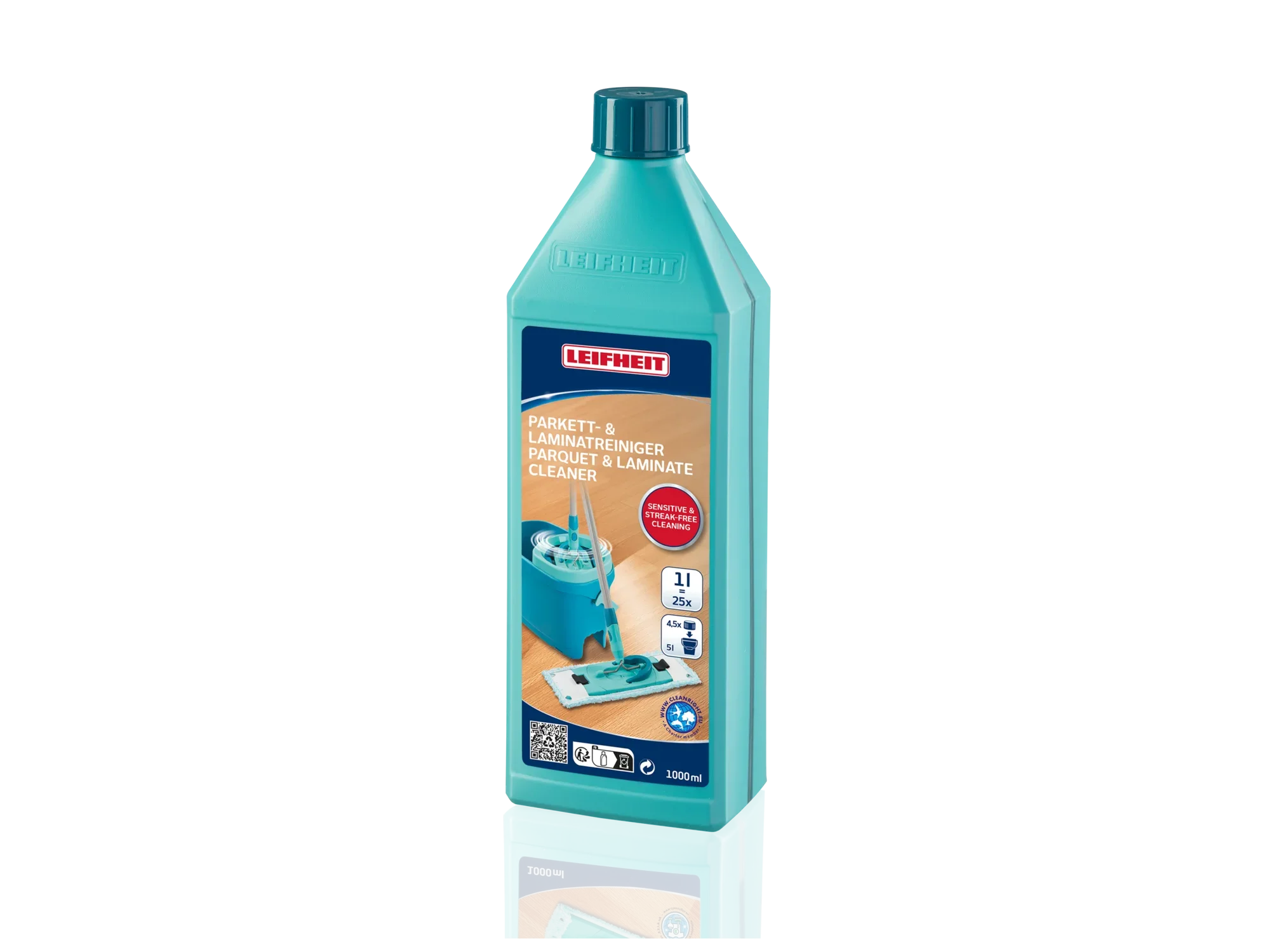 Eine Flasche Leifheit Parkett- & Laminatreiniger mit 1000 ml Inhalt. Die Verpackung ist türkis und zeigt Anwendungsbilder für die Reinigung von Parkett- und Laminatböden.