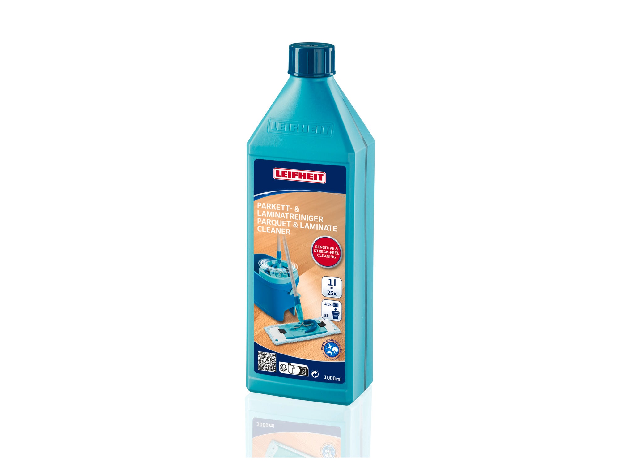 Eine Flasche Leifheit Parkett- & Laminatreiniger mit 1000 ml Inhalt. Die Verpackung ist türkis und zeigt Anwendungsbilder für die Reinigung von Parkett- und Laminatböden.
