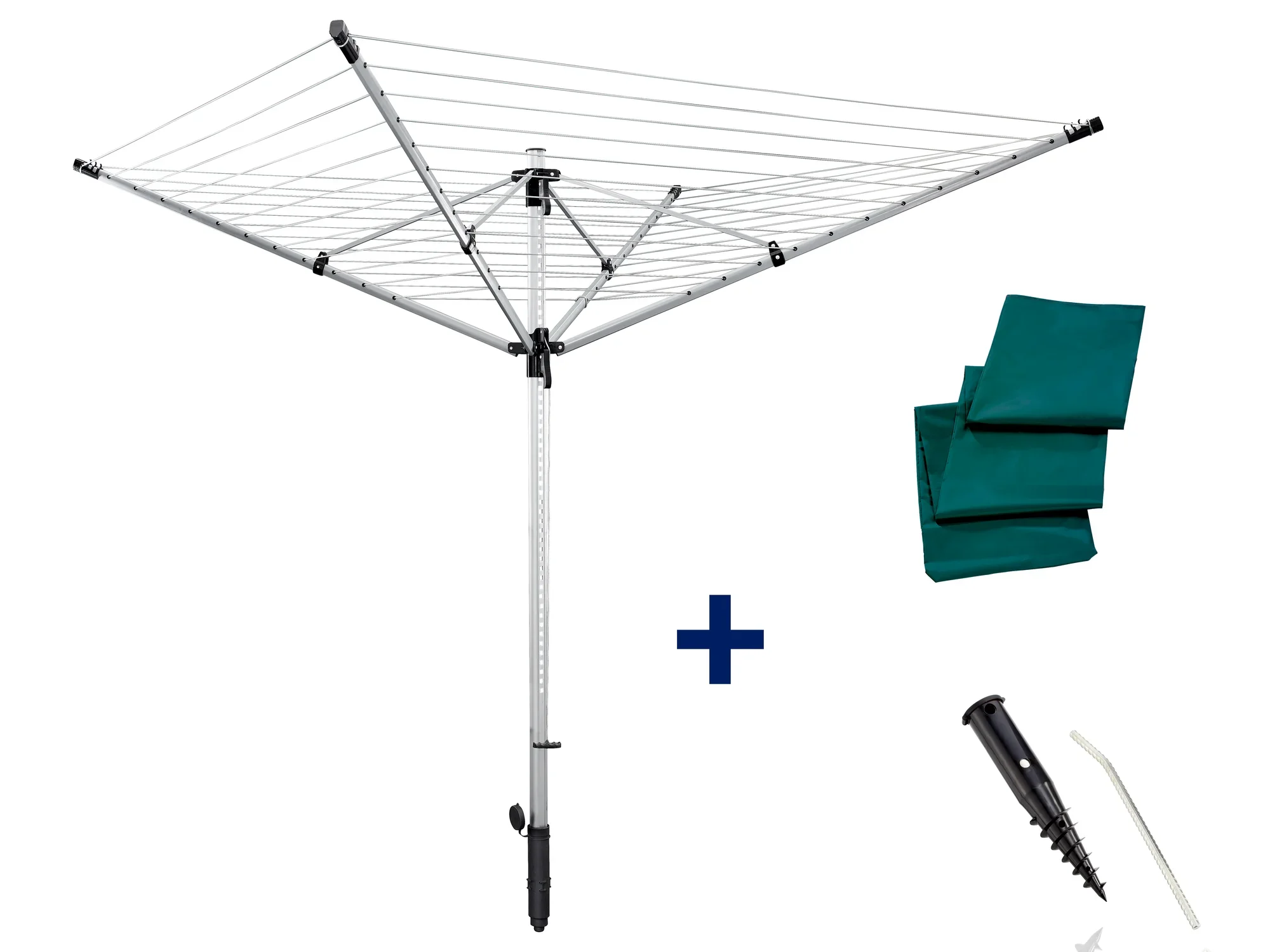 Séchoir à linge LinoLift 600 Quickstart : séchoir à linge robuste avec plusieurs bras, idéal pour les grandes quantités de linge. Avec douille au sol et housse de protection.