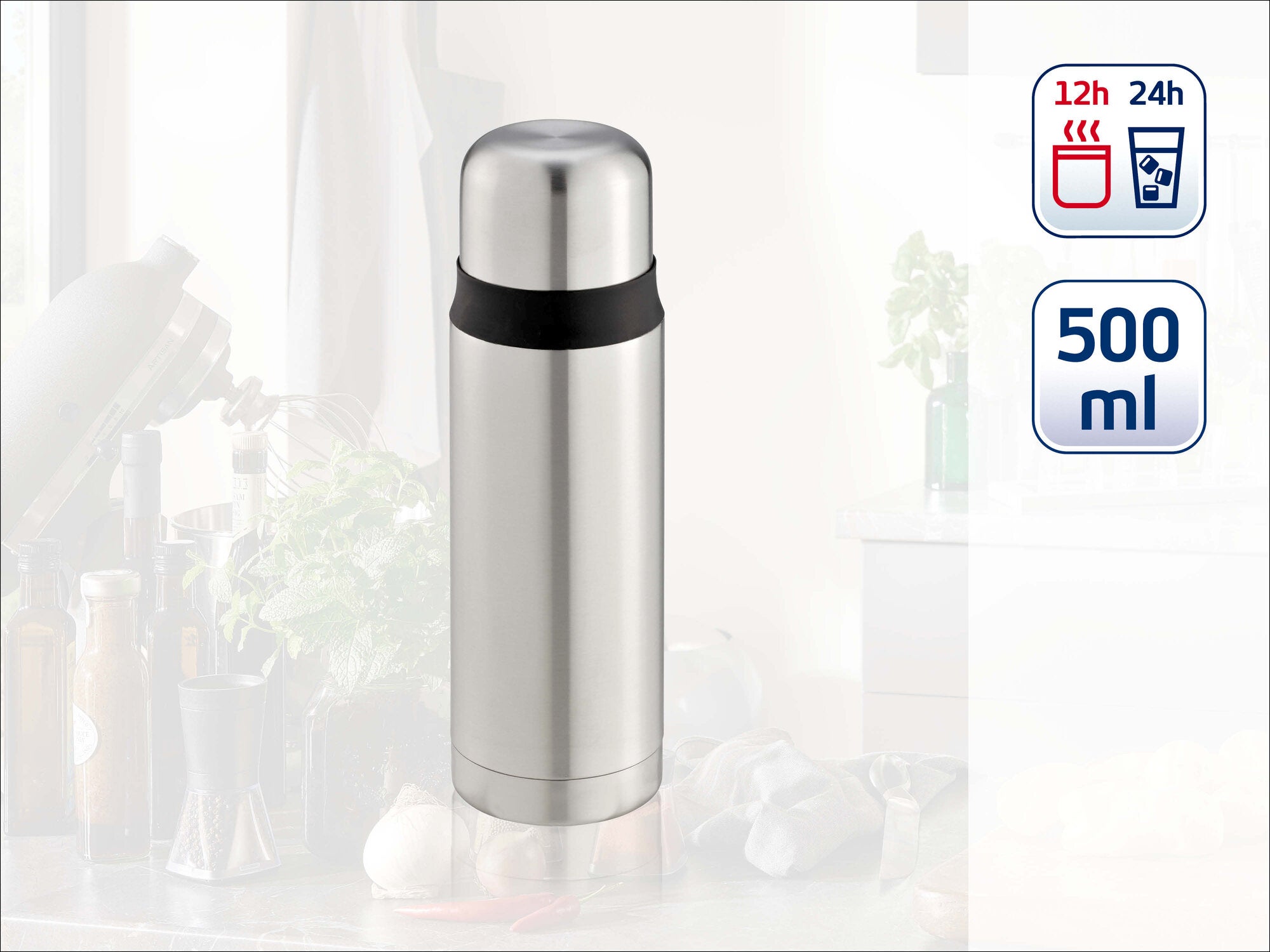 Leifheit Isolierflasche Coco aus Edelstahl mit schwarzem Griffband, schlankem Design und 500 ml Fassungsvermögen; hält Getränke bis zu 12 Stunden warm und 24 Stunden kalt.
