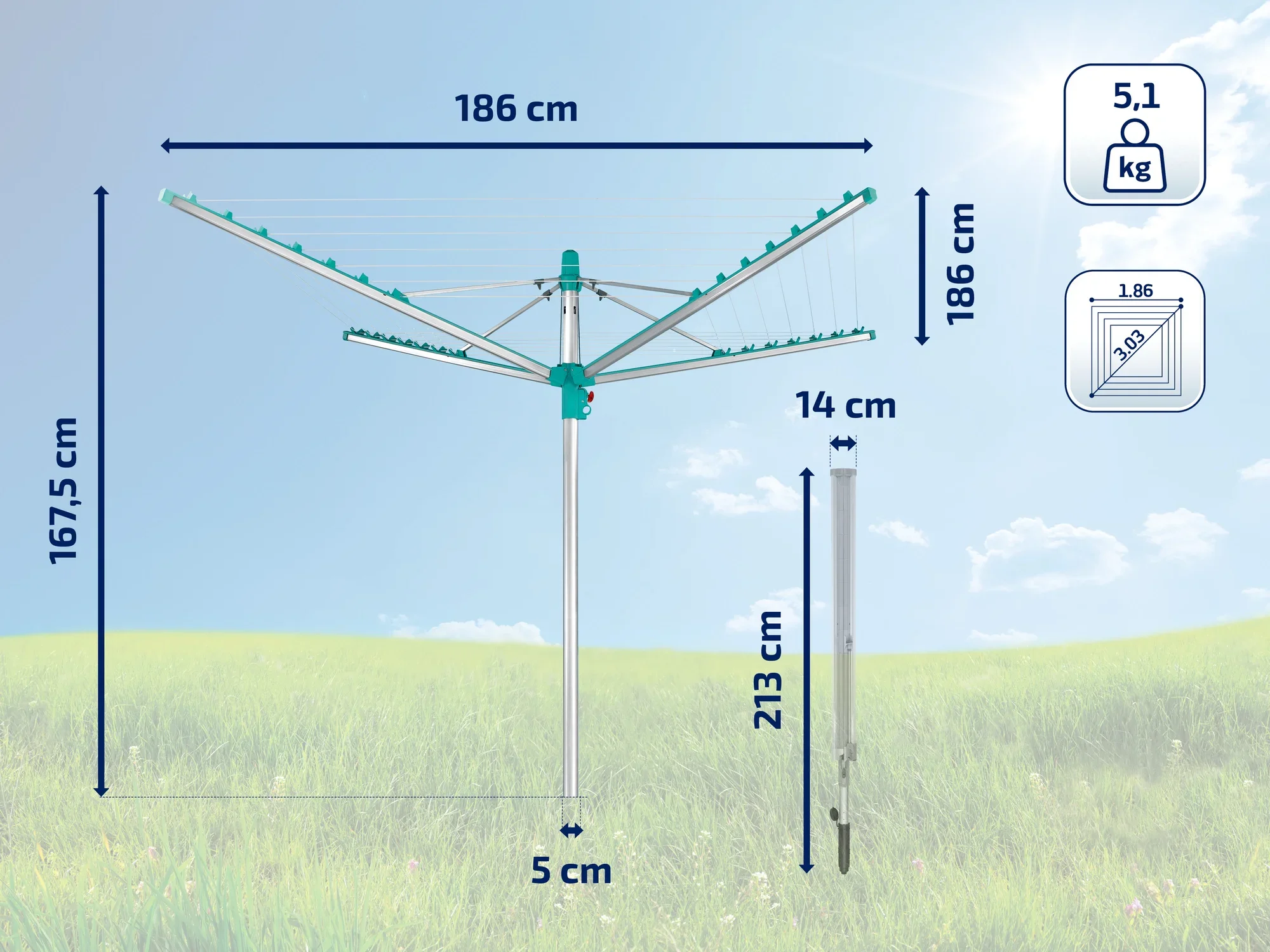 Obrotowa suszarka do ubrań o rozpiętości 186 cm i wysokości 167,5 cm. Produkt waży 5,1 kg i jest idealny do użytku na zewnątrz. Oferuje wystarczająco dużo miejsca na duże ilości prania.