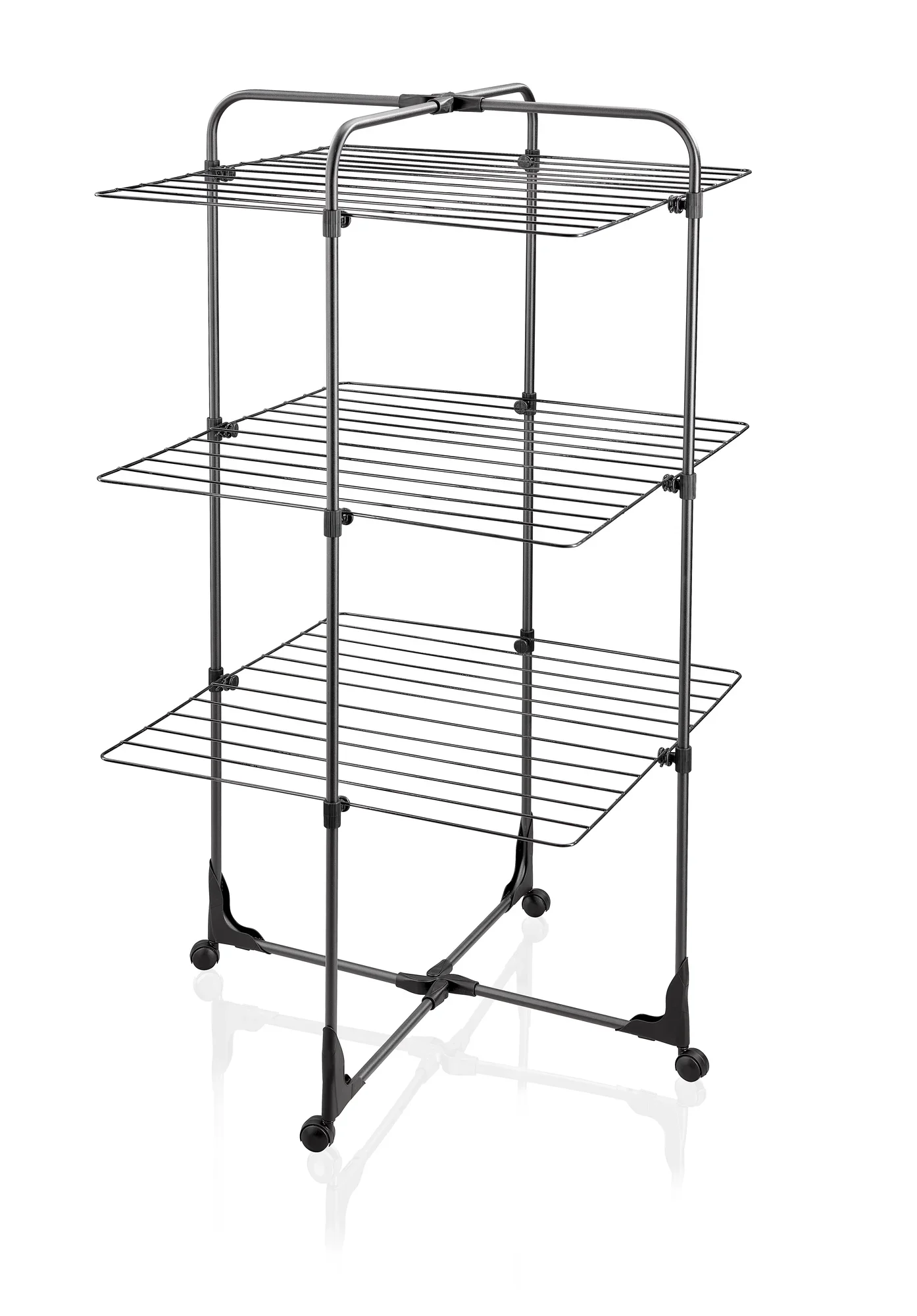 Secador de torre Classic Tower 270 en negro con tres niveles. El tendedero ofrece mucho espacio para secar la ropa y es ideal para espacios reducidos.