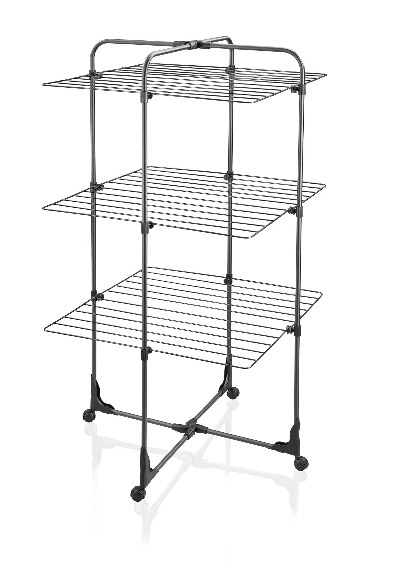 Classic Tower 270 torendroger in zwart met drie niveaus. Het droogrek biedt veel ruimte voor het drogen van kleding en is ideaal voor kleine kamers.