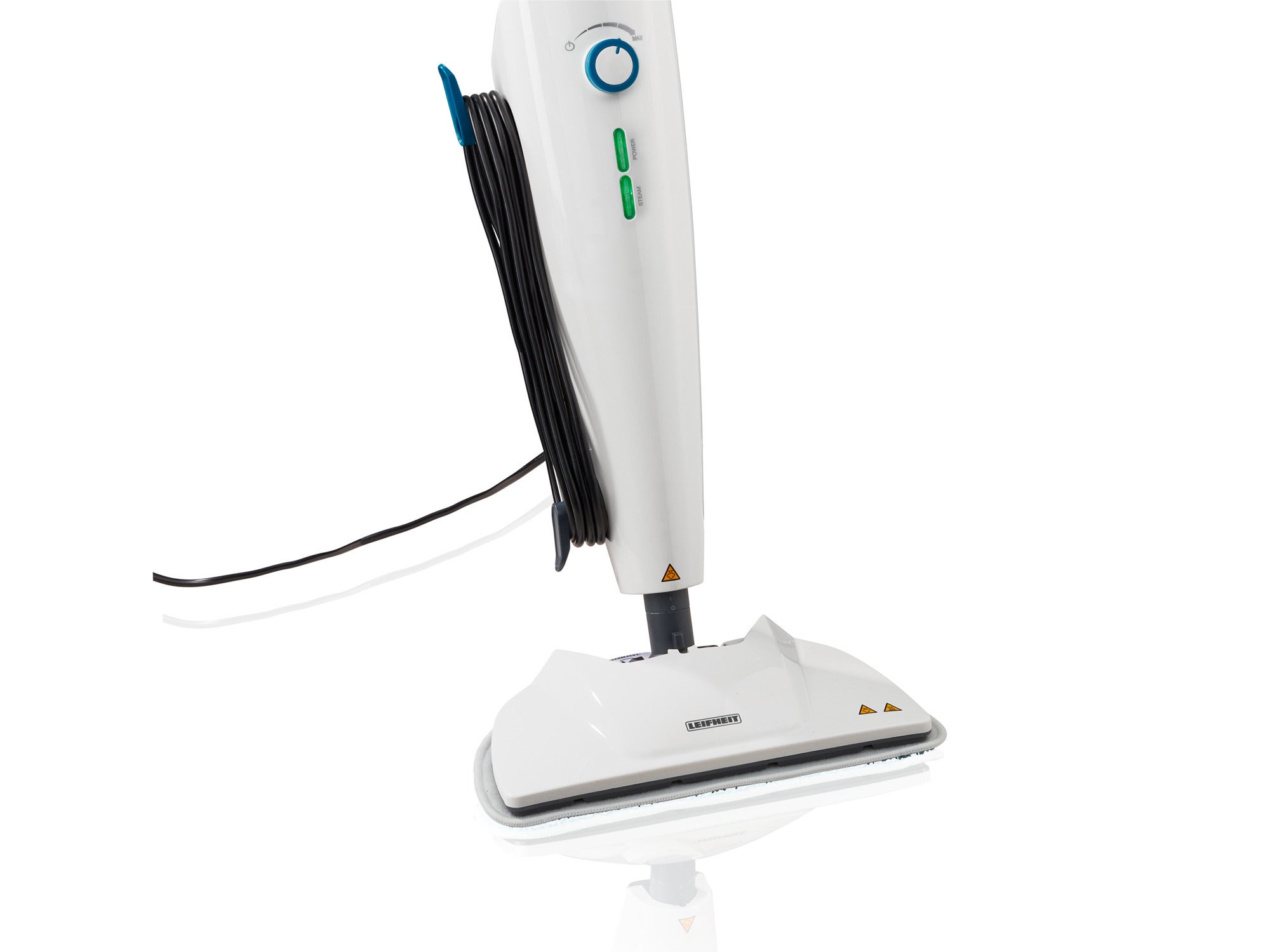 Dampfreiniger CleanTenso Power: Ein eleganter, weißer Dampfreiniger mit ergonomischem Design und Kabelaufwicklung. Ideal für gründliche Reinigung von Hartböden.