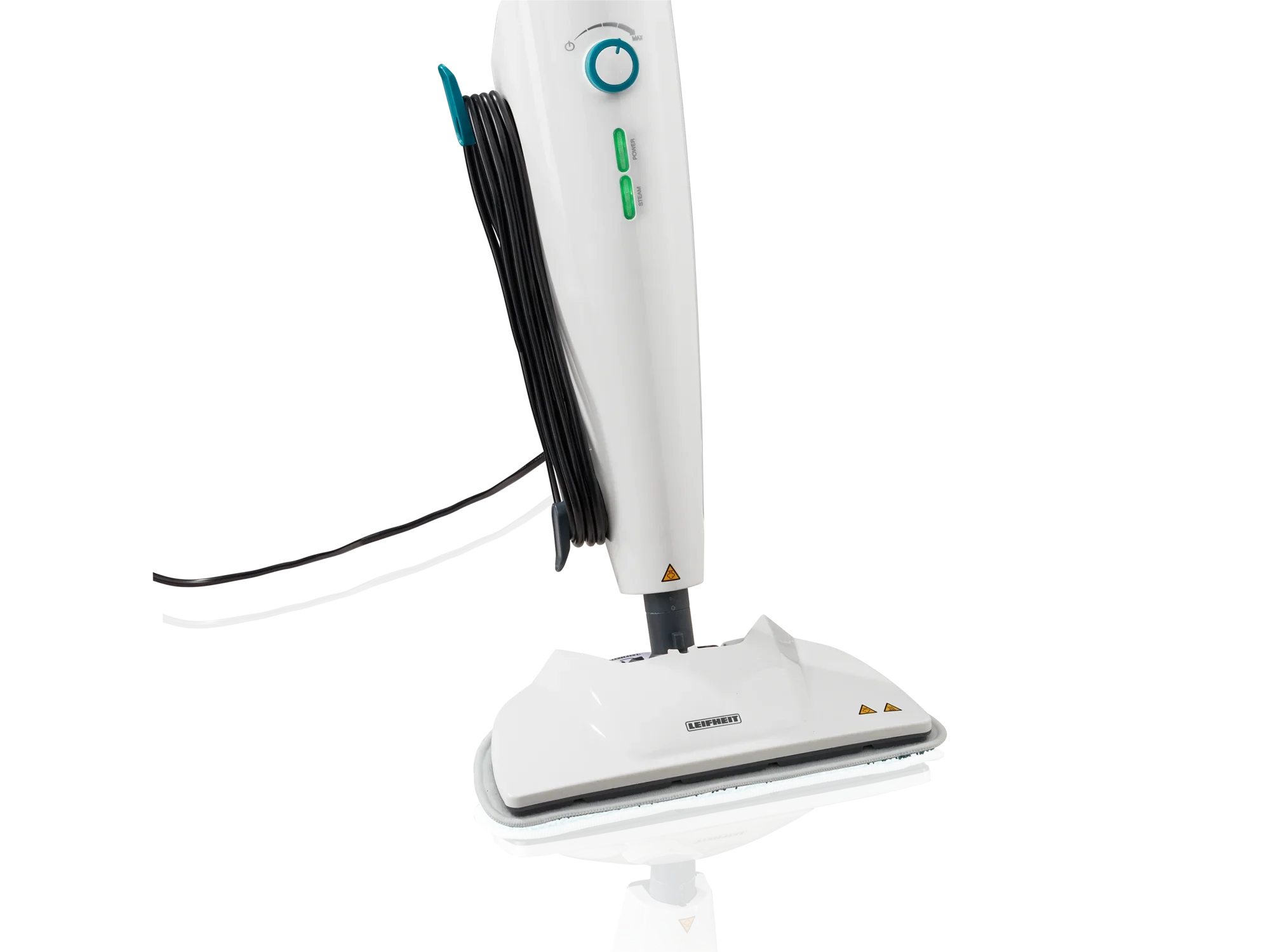 Nettoyeur vapeur CleanTenso Power : un nettoyeur vapeur blanc élégant, au design ergonomique et avec enrouleur de câble. Idéal pour nettoyer en profondeur les sols durs.