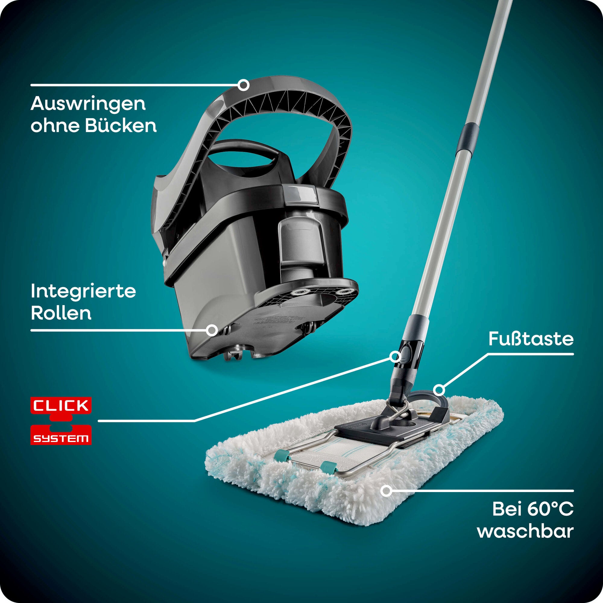 Leifheit Set Profi XL Mobile Black mit lavapavimenti, Eimer und integrierten Rollen; Fußtaste zum Lösen des Bezugs, Auswringen ohne Bücken, Bezug bei 60 °C waschbar.