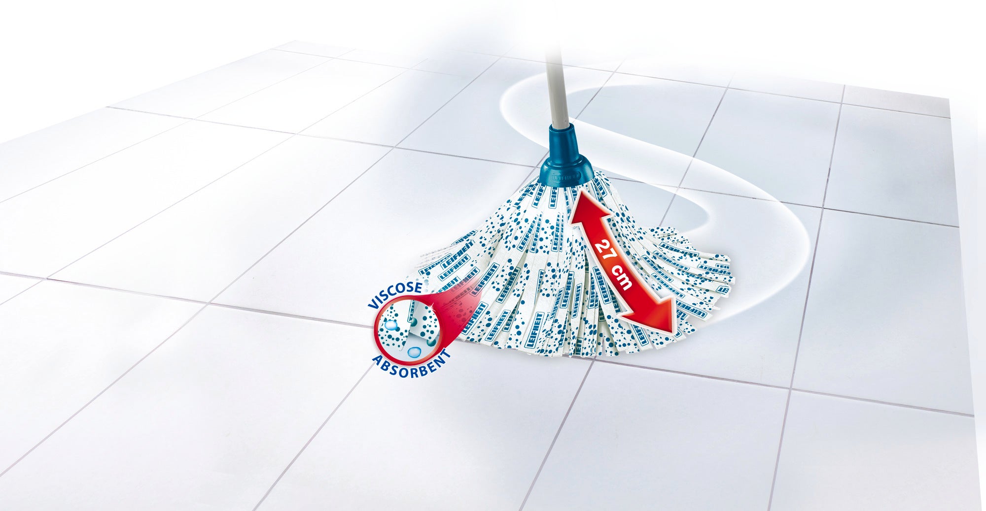 Ein Viskose-Mopp mit einem 27 cm breiten Kopf, ideal für die Reinigung großer Flächen. Der Mopp zeigt eine hohe Saugfähigkeit und ist perfekt für glatte Böden geeignet.