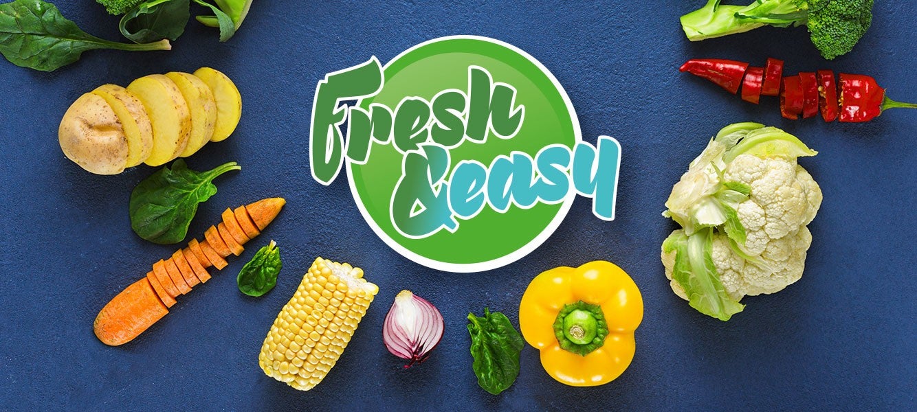 Verschiedene bunte Gemuese, darunter Brokkoli, Paprika, Blumenkohl, Kartoffeln, Spinat und Karotten, umgeben ein "Fresh & Easy"-Logo.