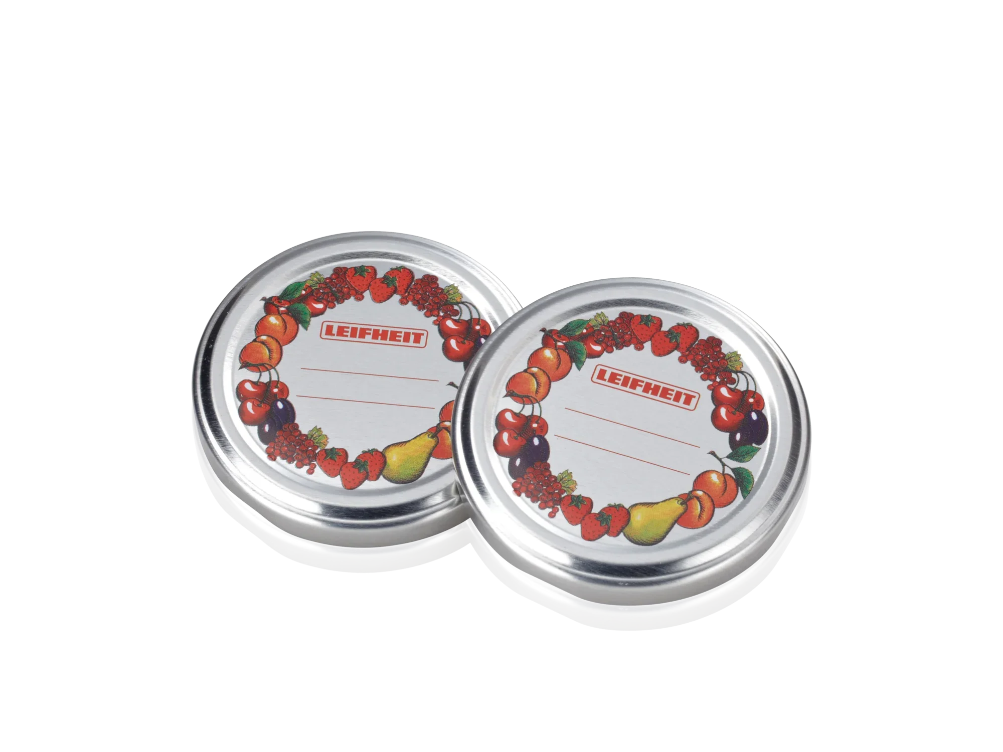 Twee vervangende deksels met een diameter van 82 mm, versierd met een kleurrijke fruit- en groentekrans. Ideaal voor het bewaren van voedsel in inmaakpotten.
