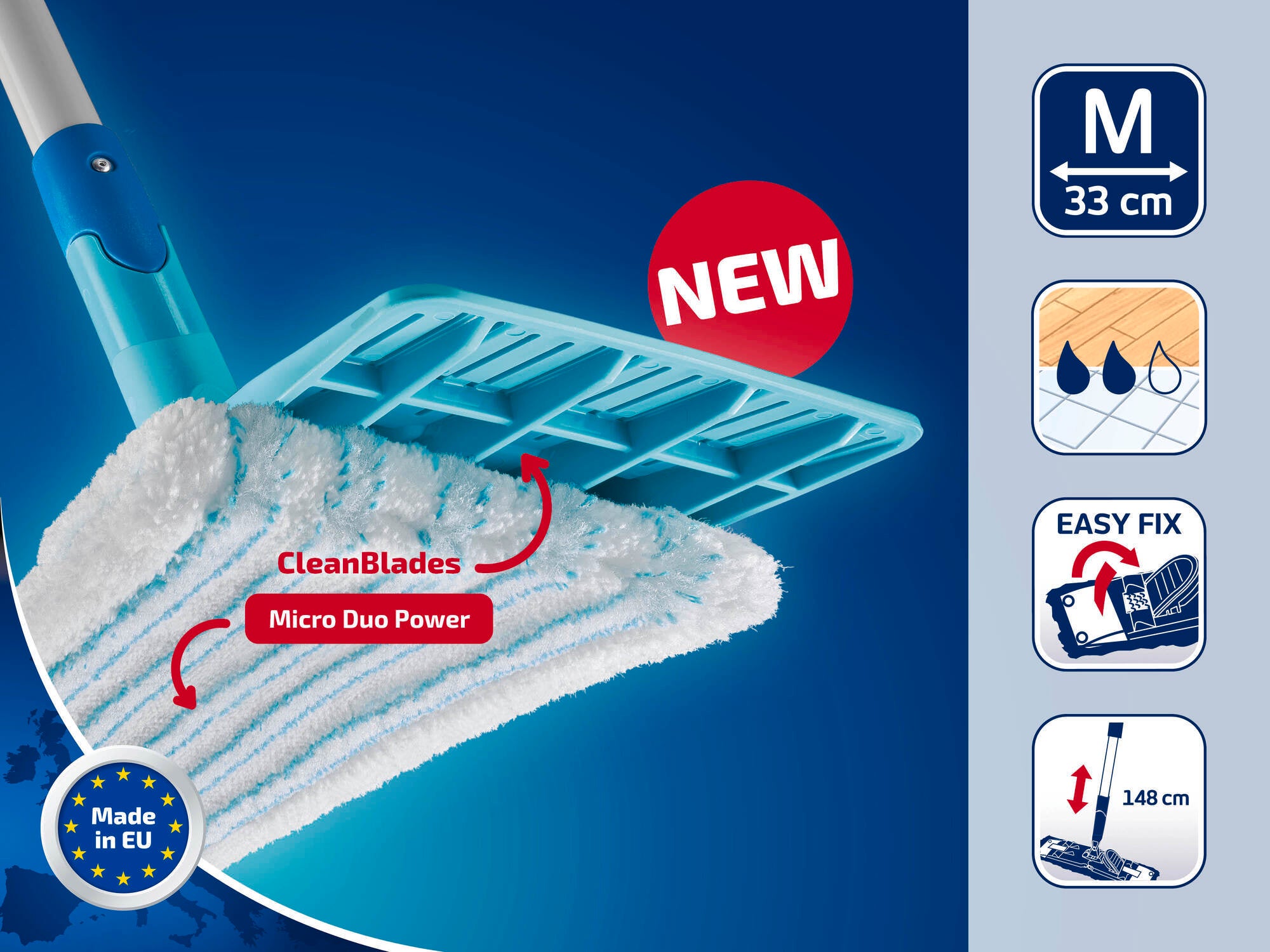 Ein neuer Bodenwischer mit CleanBlades und Micro Duo Power. Der Wischmopp hat eine Breite von 33 cm und ist 148 cm lang. Hergestellt in der EU, bietet er einfache Befestigungsmöglichkeiten.